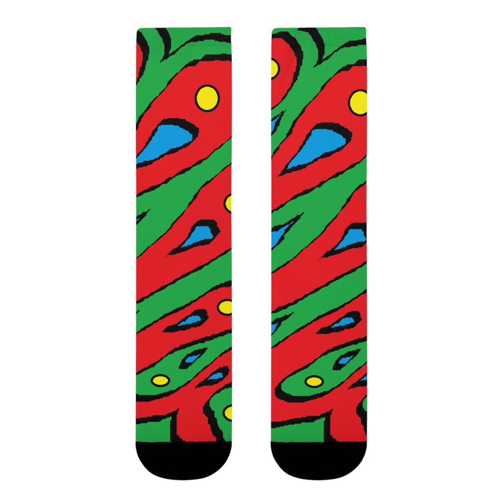 Abstract Colorful Swirl Crew Socks – Bold Red, Green & Blue Sublimation Design