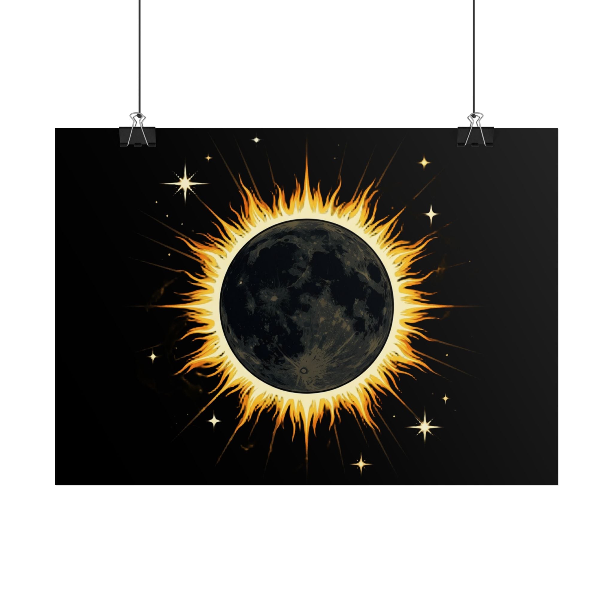 Solar Eclipse Wall Poster — Black Moon with Golden Flame Art Print