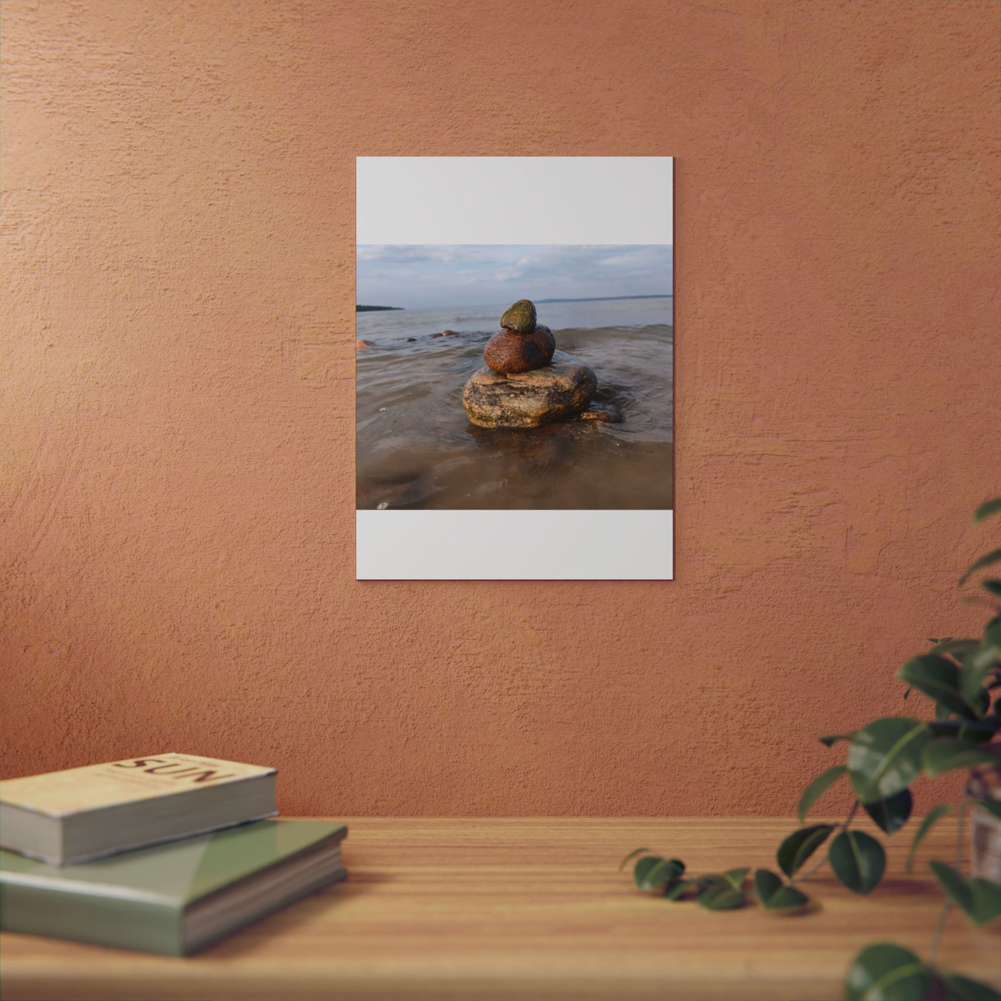 Stacked Beach Rocks Aluminum Panel Wall Art — Serene Coastal Zen Photo Print