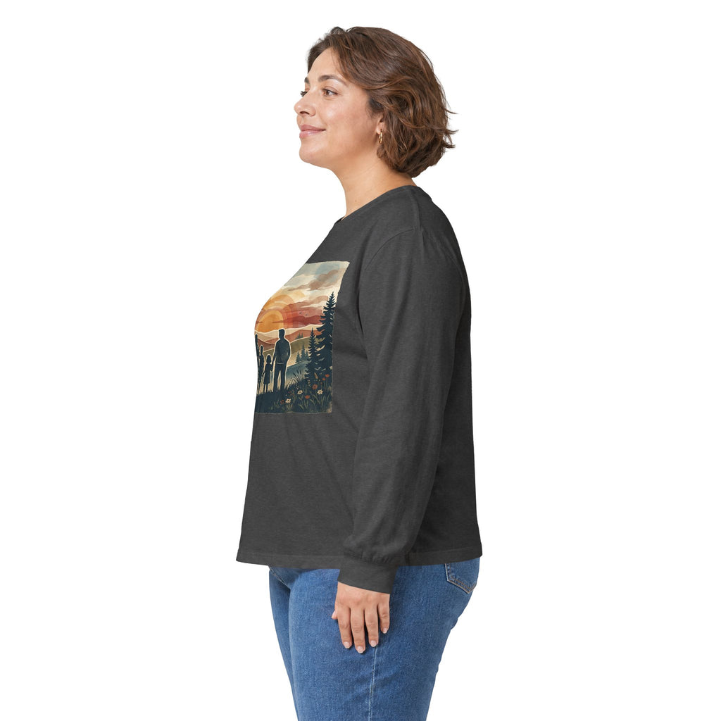 Family Camping Sunset Long Sleeve Tee — Silhouette Outdoor Graphic Shirt