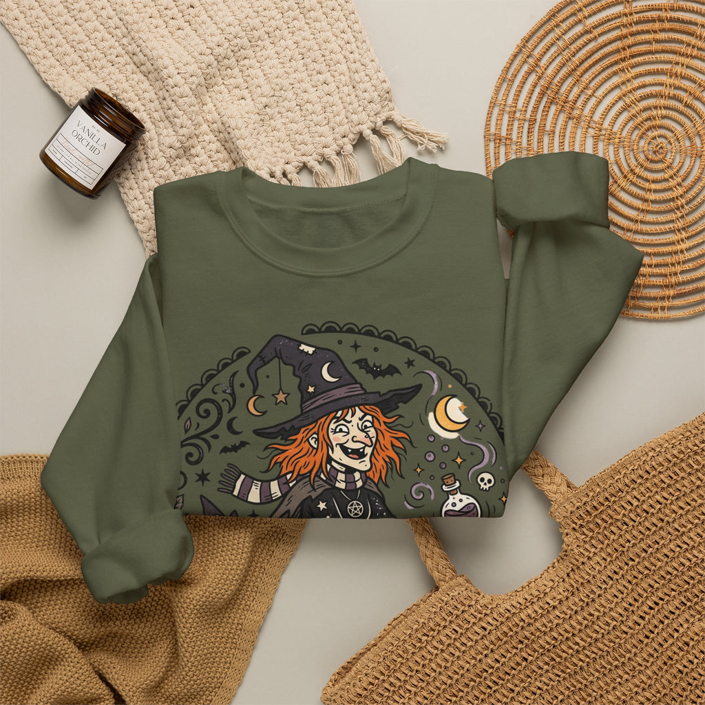 Witch & Black Cat Crewneck Sweatshirt — Halloween Witch Broom Graphic
