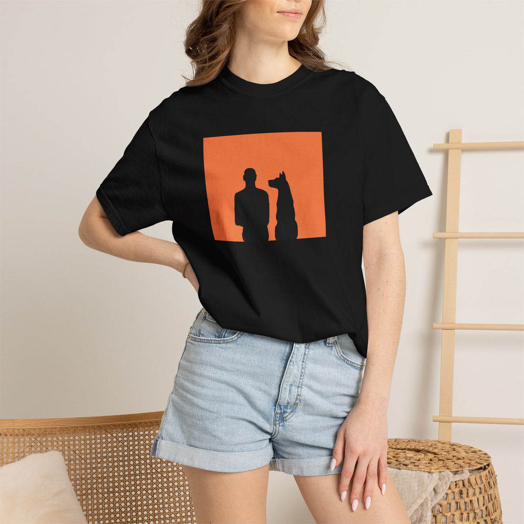 Silhouette Duo T-Shirt — Man and Dog Orange Panel Graphic Tee