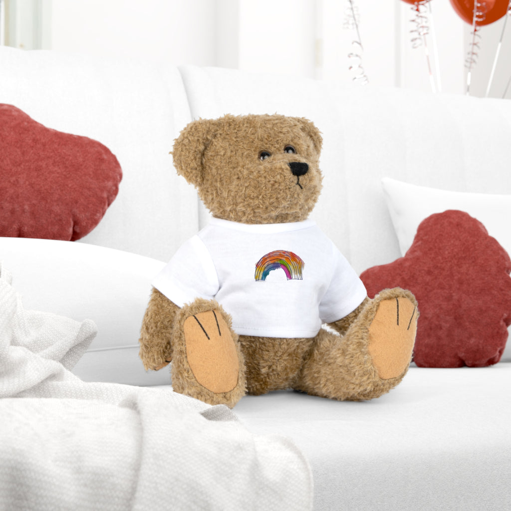 Rainbow Heart Teddy Plush with White T‑Shirt — Cute Rainbow Design Stuffed Bear Gift
