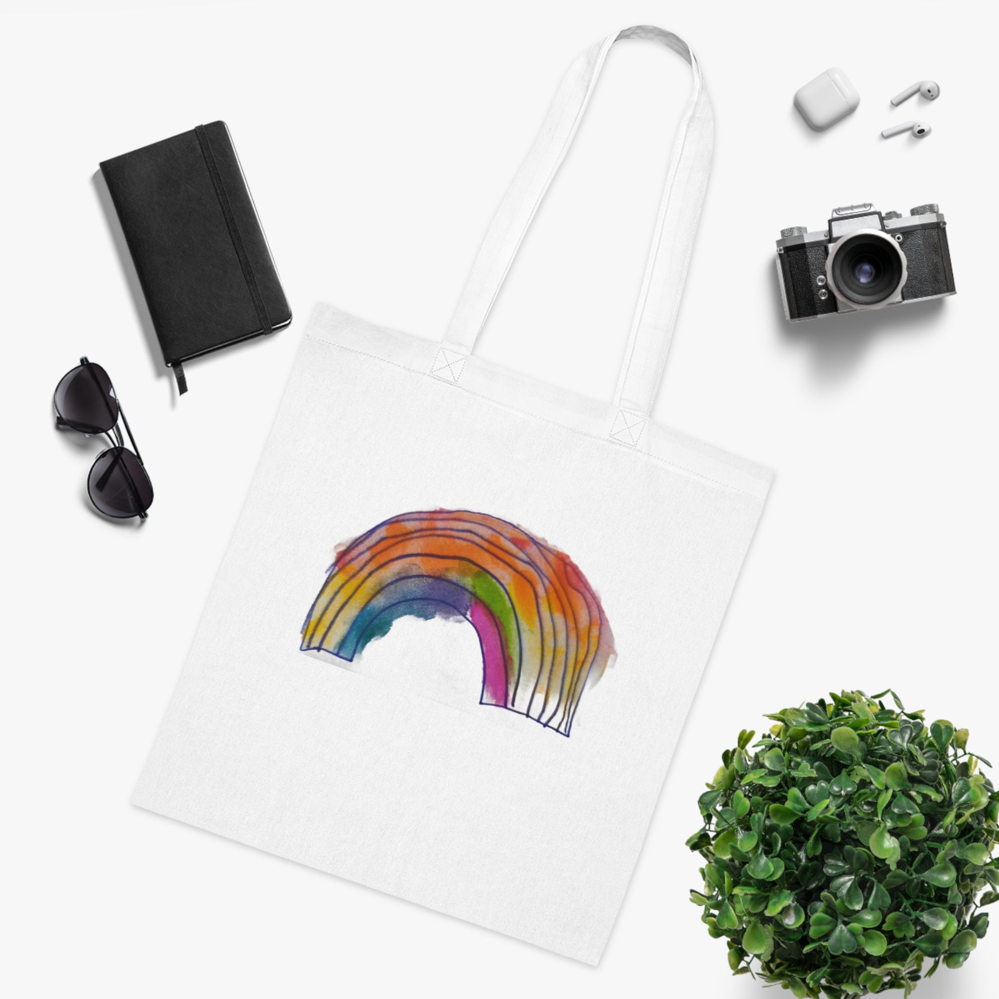 Watercolor Rainbow Cotton Tote Bag — Colorful Hand-Painted Grocery & Everyday Market Tote