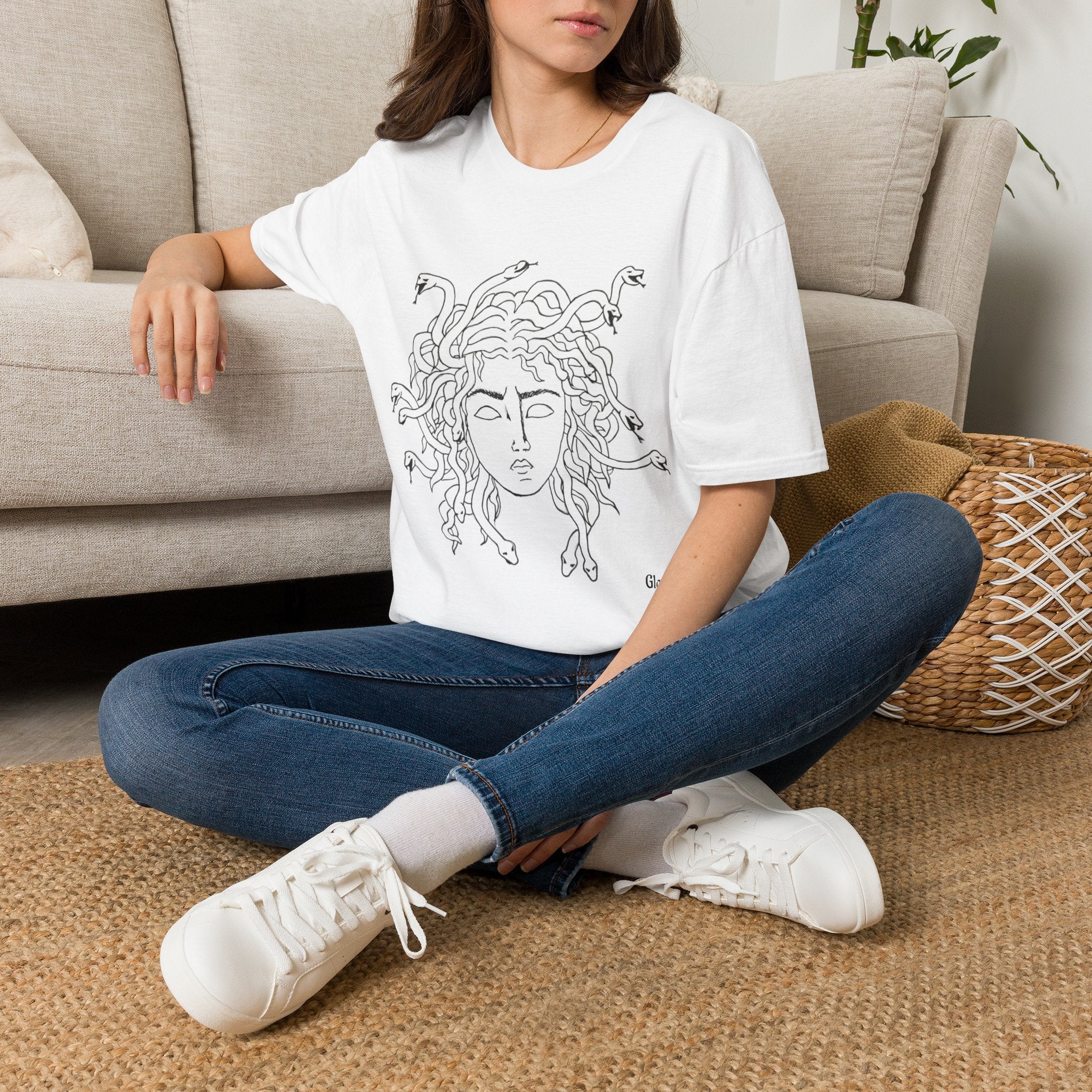 Medusa Line Art T-Shirt | Mythology Snake Hair Illustration