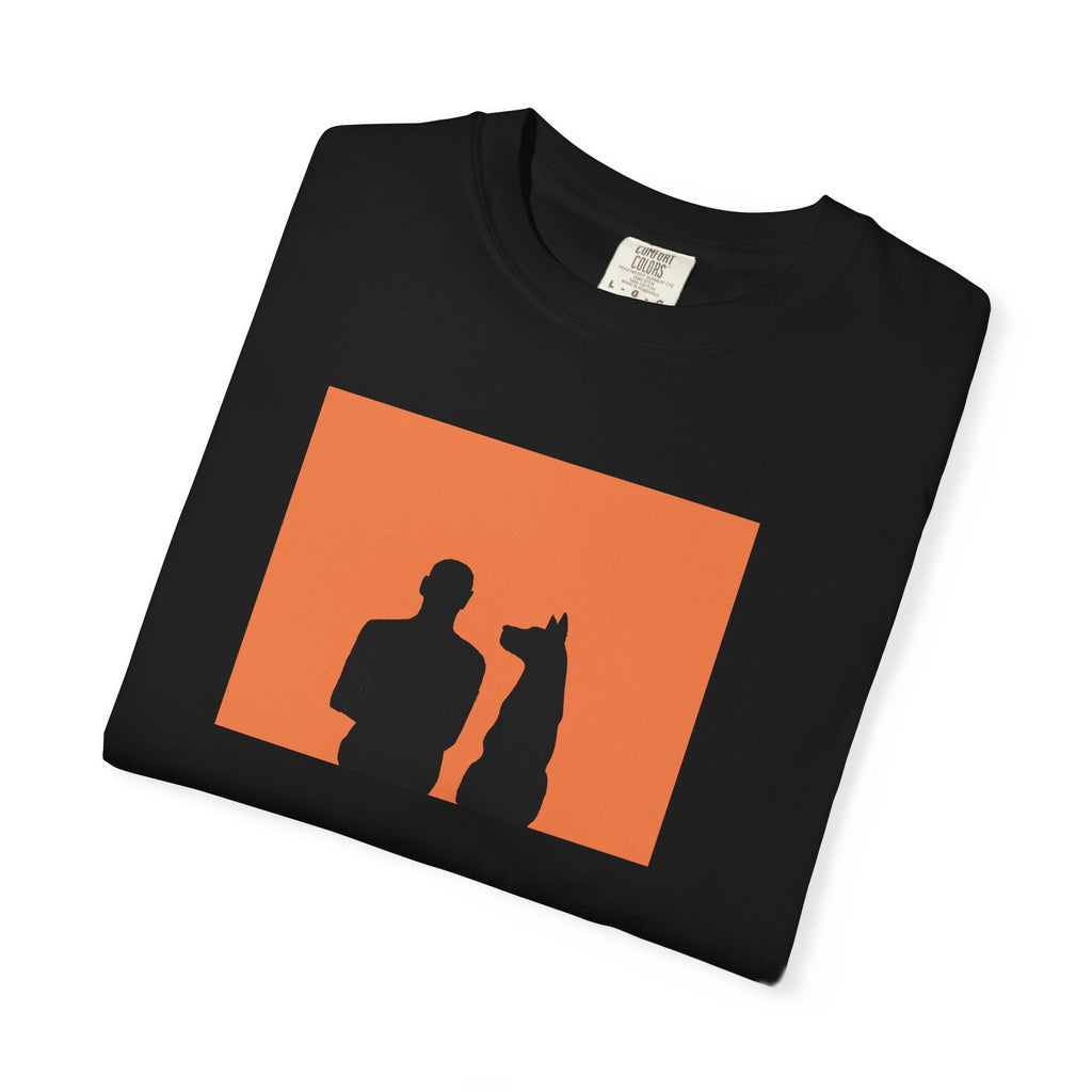 Silhouette Duo T-Shirt — Man and Dog Orange Panel Graphic Tee