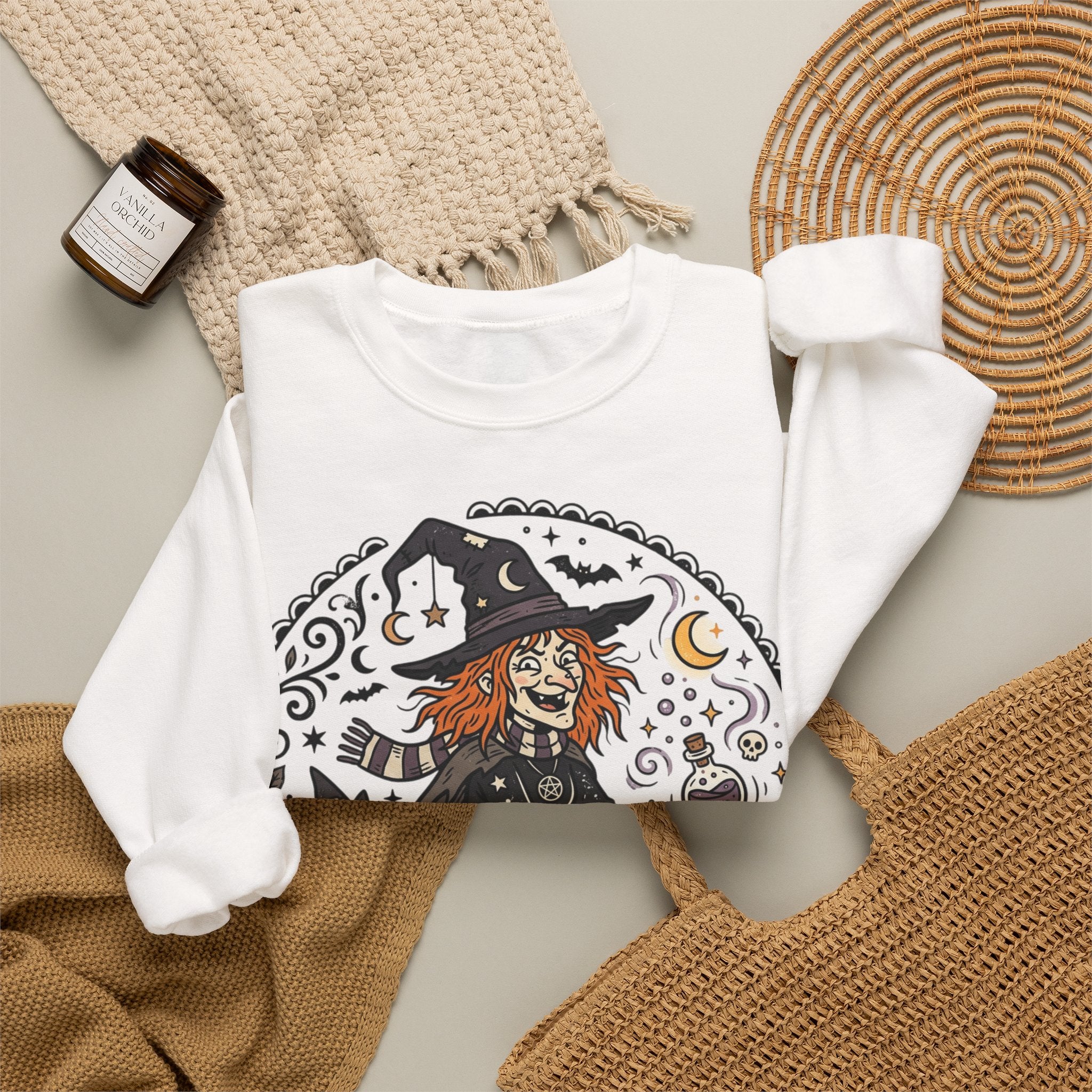 Witch & Black Cat Crewneck Sweatshirt — Halloween Witch Broom Graphic
