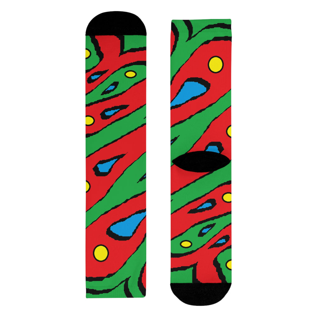 Abstract Colorful Swirl Crew Socks – Bold Red, Green & Blue Sublimation Design