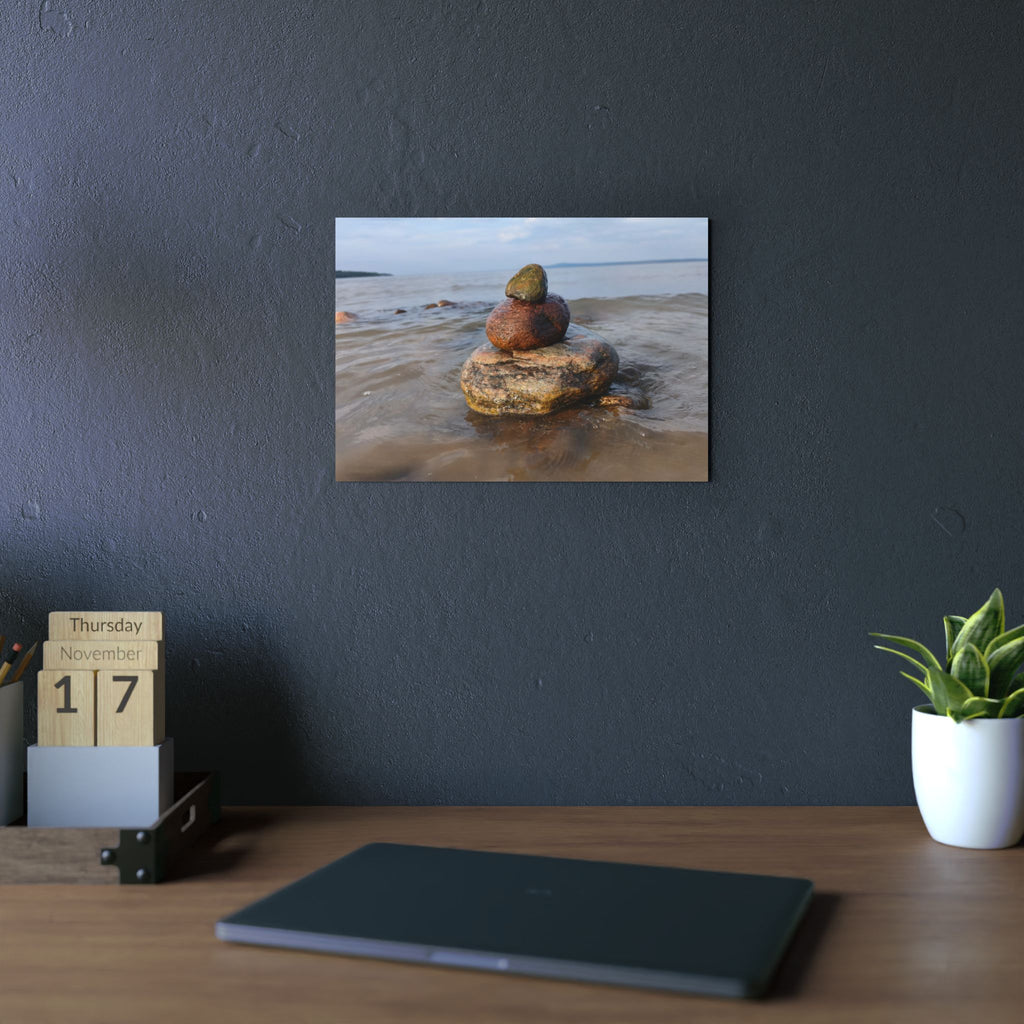 Stacked Beach Rocks Aluminum Panel Wall Art — Serene Coastal Zen Photo Print