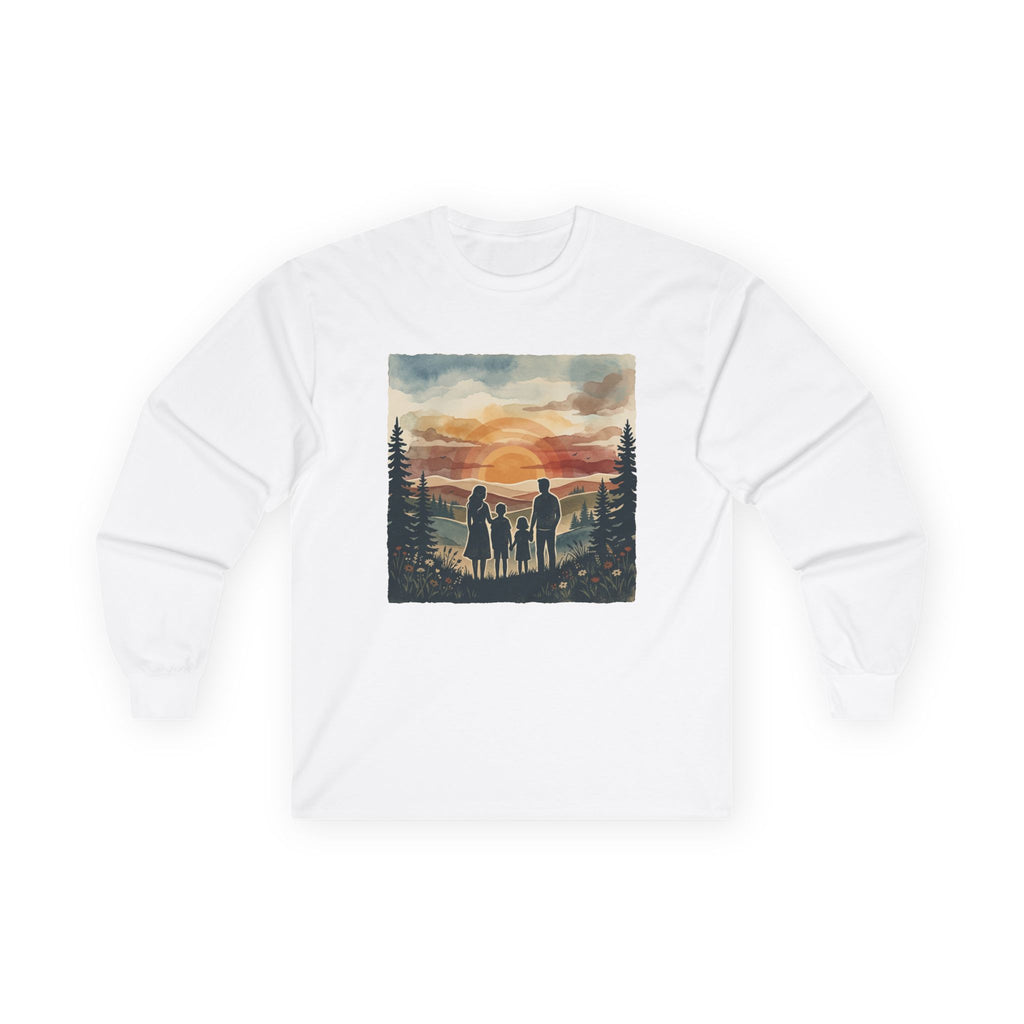 Family Camping Sunset Long Sleeve Tee — Silhouette Outdoor Graphic Shirt