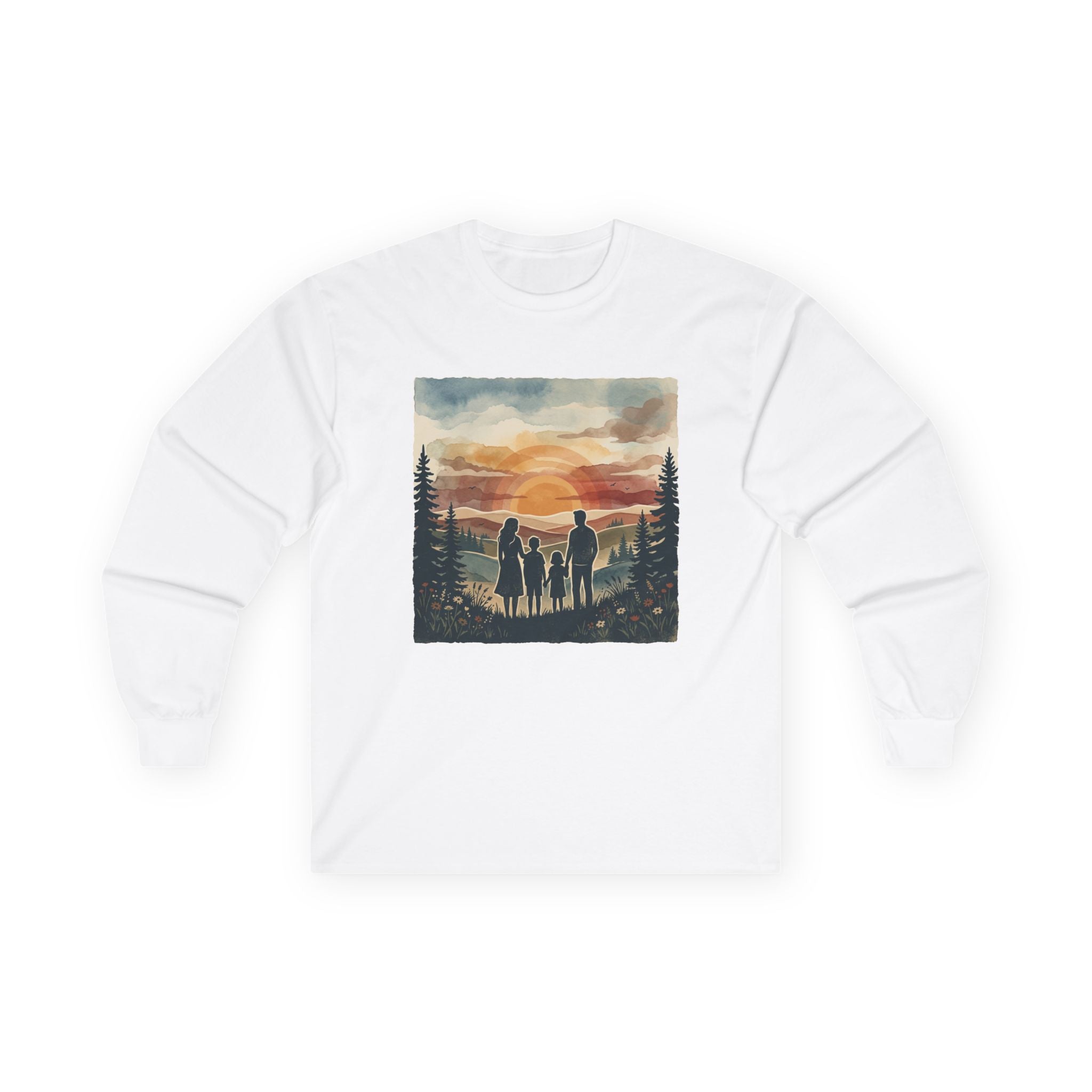 Family Camping Sunset Long Sleeve Tee — Silhouette Outdoor Graphic Shirt