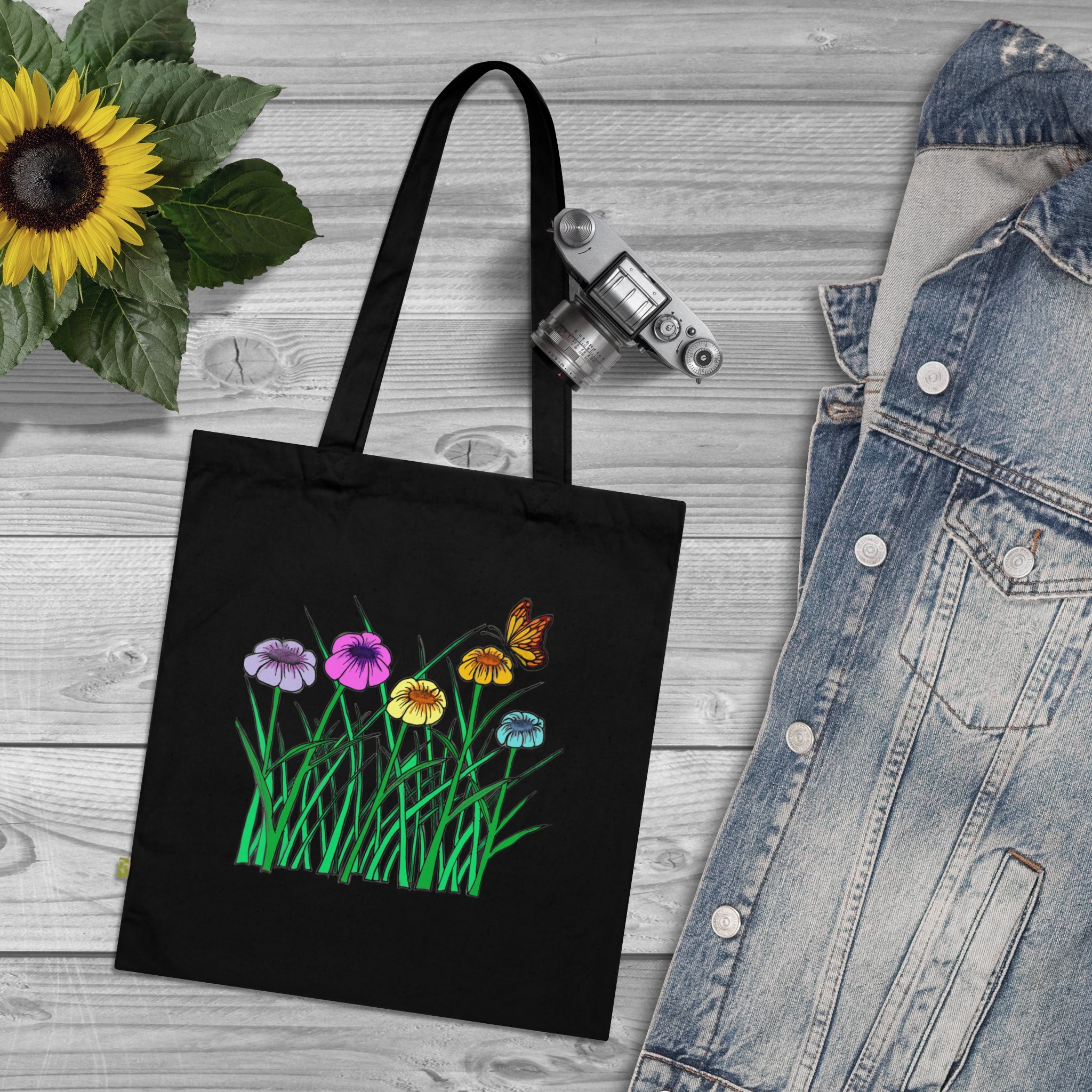 Floral Meadow Tote Bag — Colorful Wildflowers & Butterfly Organic Cotton Tote