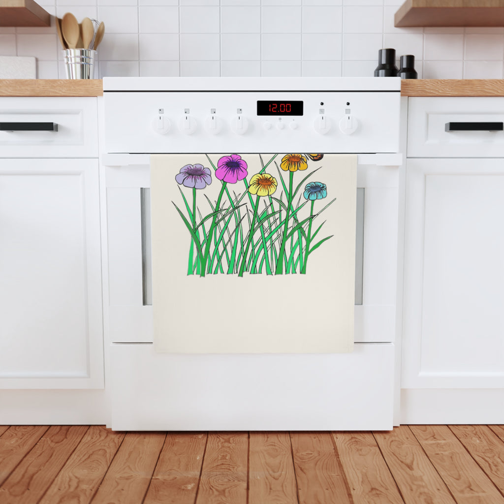 Floral Meadow Cotton Tea Towel — Colorful Wildflowers & Butterfly Kitchen Towel