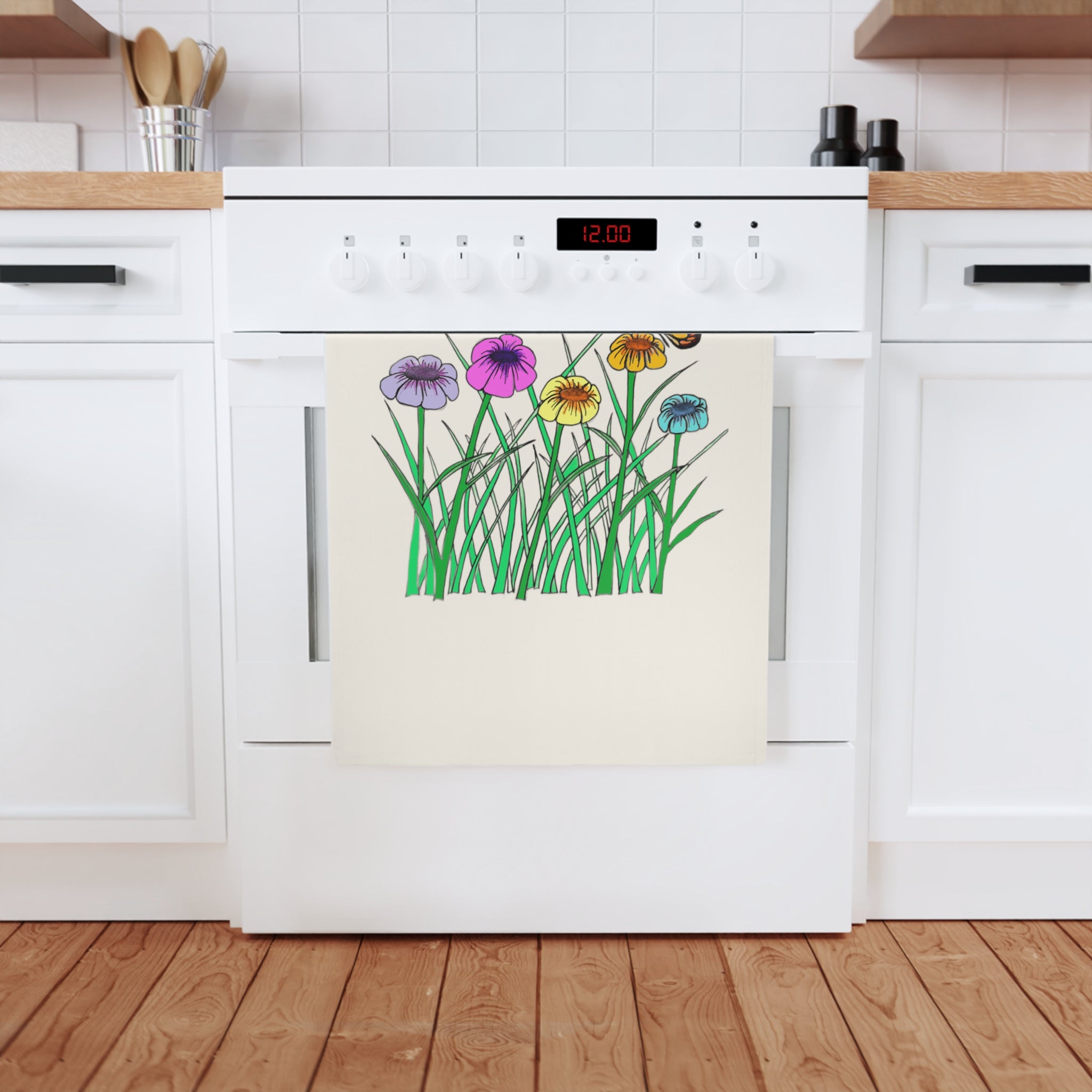 Floral Meadow Cotton Tea Towel — Colorful Wildflowers & Butterfly Kitchen Towel