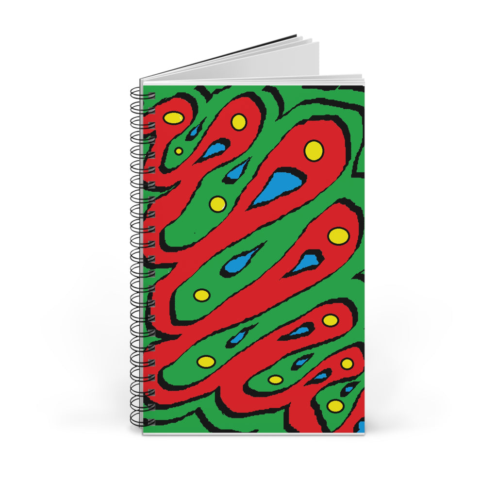 Abstract Colorful Spiral Journal — Bold Red & Green Patterned Notebook