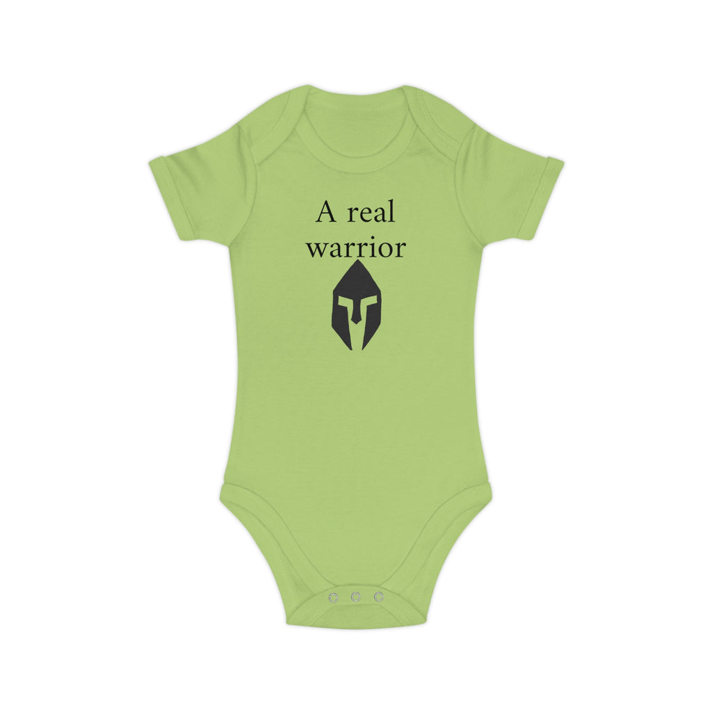 Baby Bodysuit “A Real Warrior” – Infant Onesie with Spartan Helmet Design