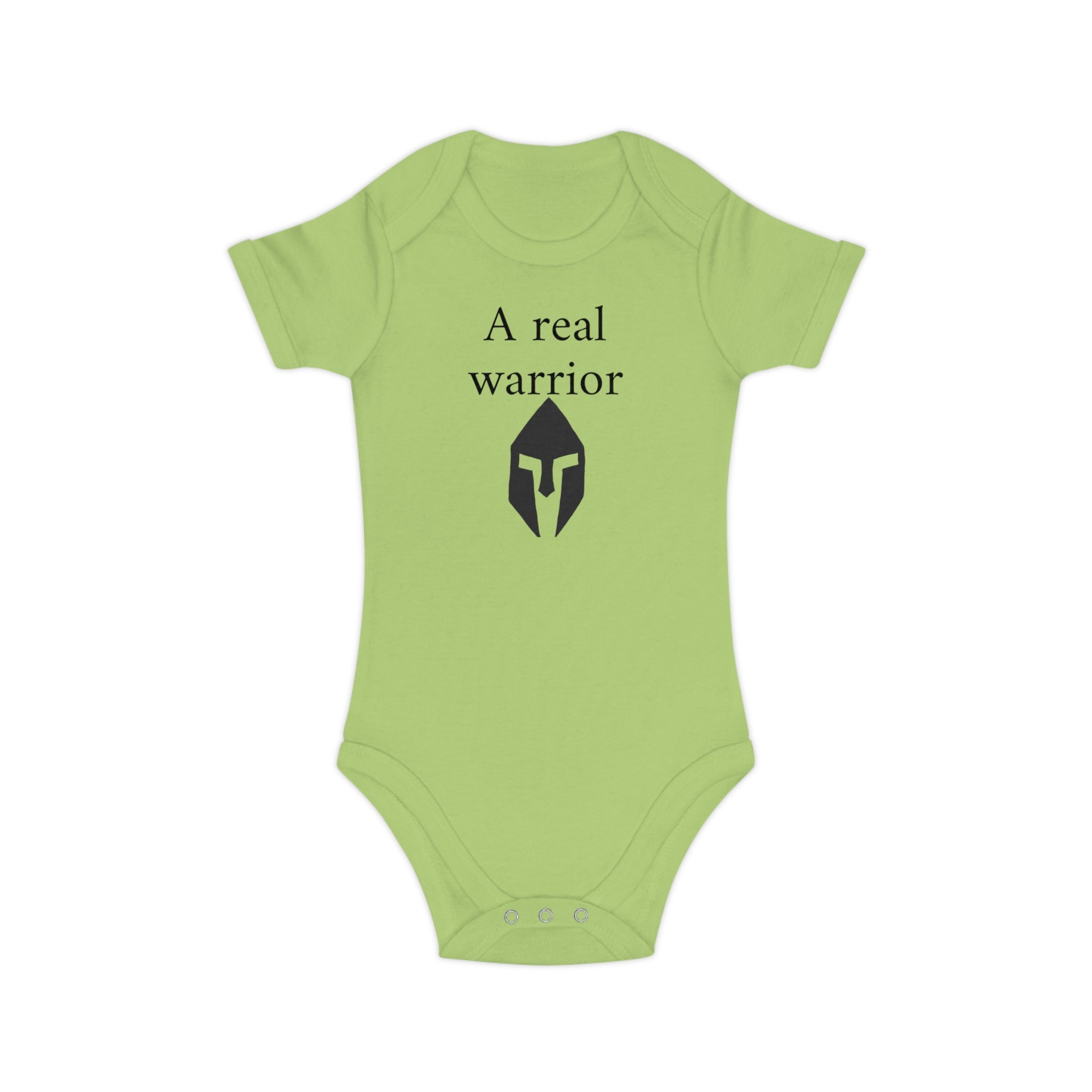 Baby Bodysuit “A Real Warrior” – Infant Onesie with Spartan Helmet Design