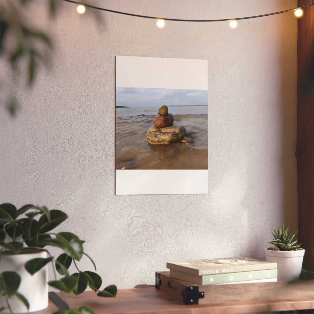 Stacked Beach Rocks Aluminum Panel Wall Art — Serene Coastal Zen Photo Print