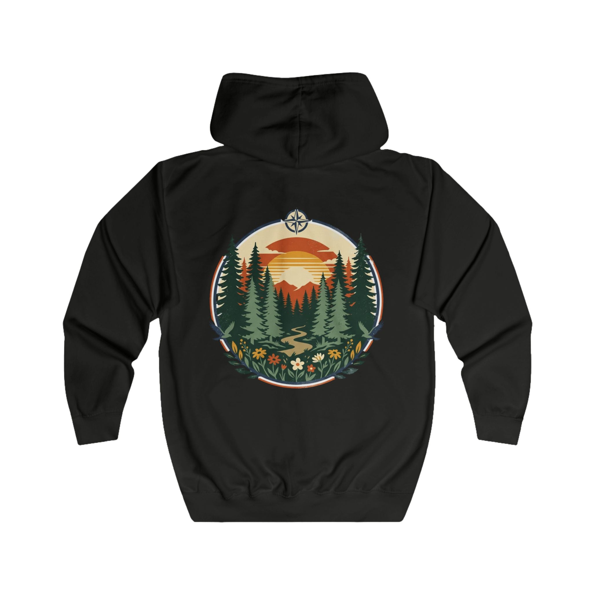 Nature Sunset Zip Hoodie — Forest Trail Graphic Full-Zip Hoodie