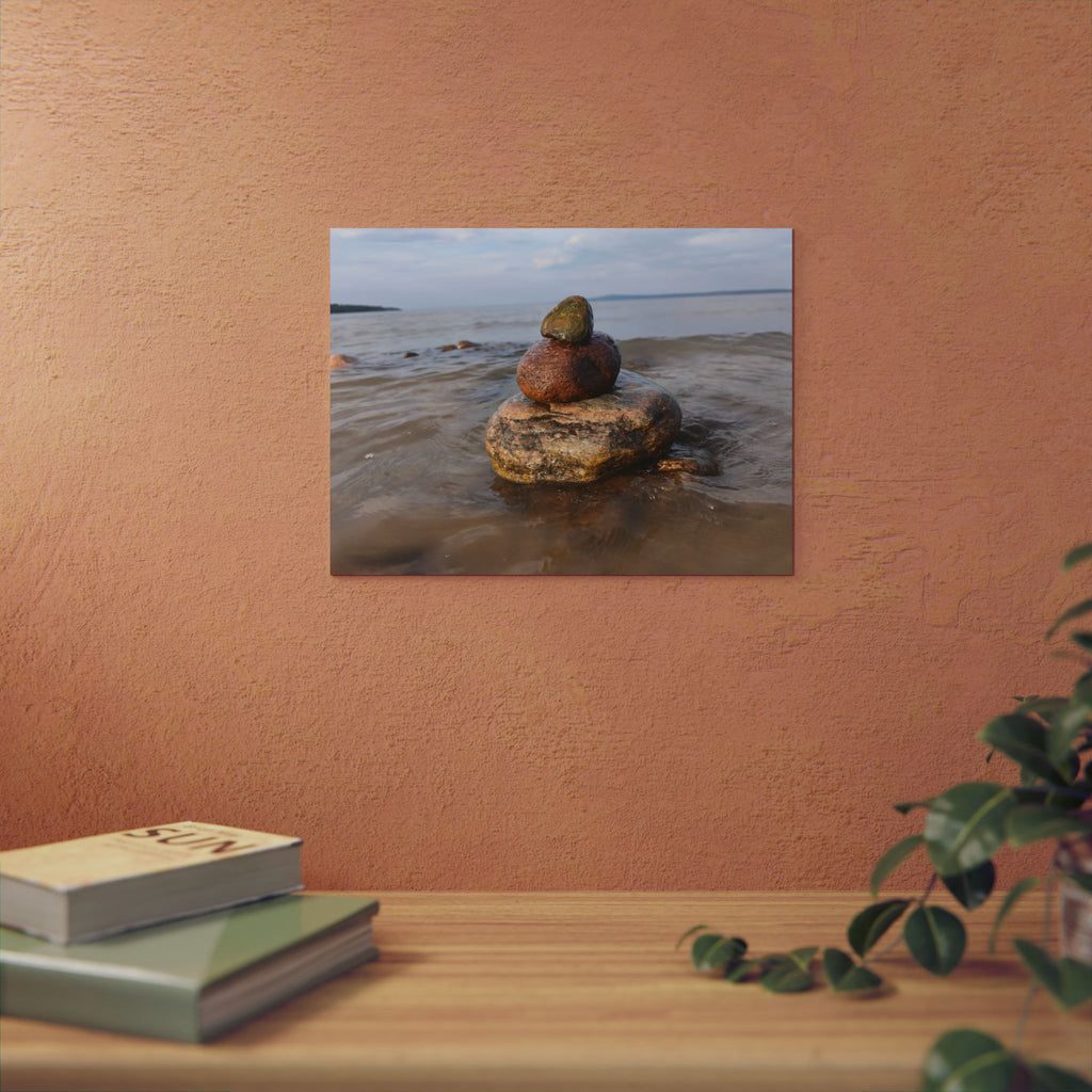 Stacked Beach Rocks Aluminum Panel Wall Art — Serene Coastal Zen Photo Print