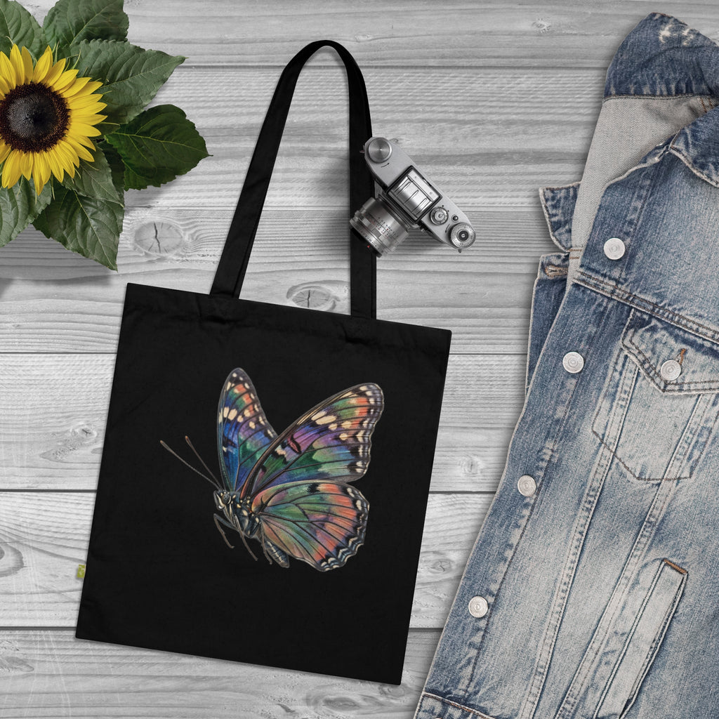 Navy Organic Tote Bag with Watercolor Rainbow Butterfly — Eco-Friendly Market & Gift Tote
