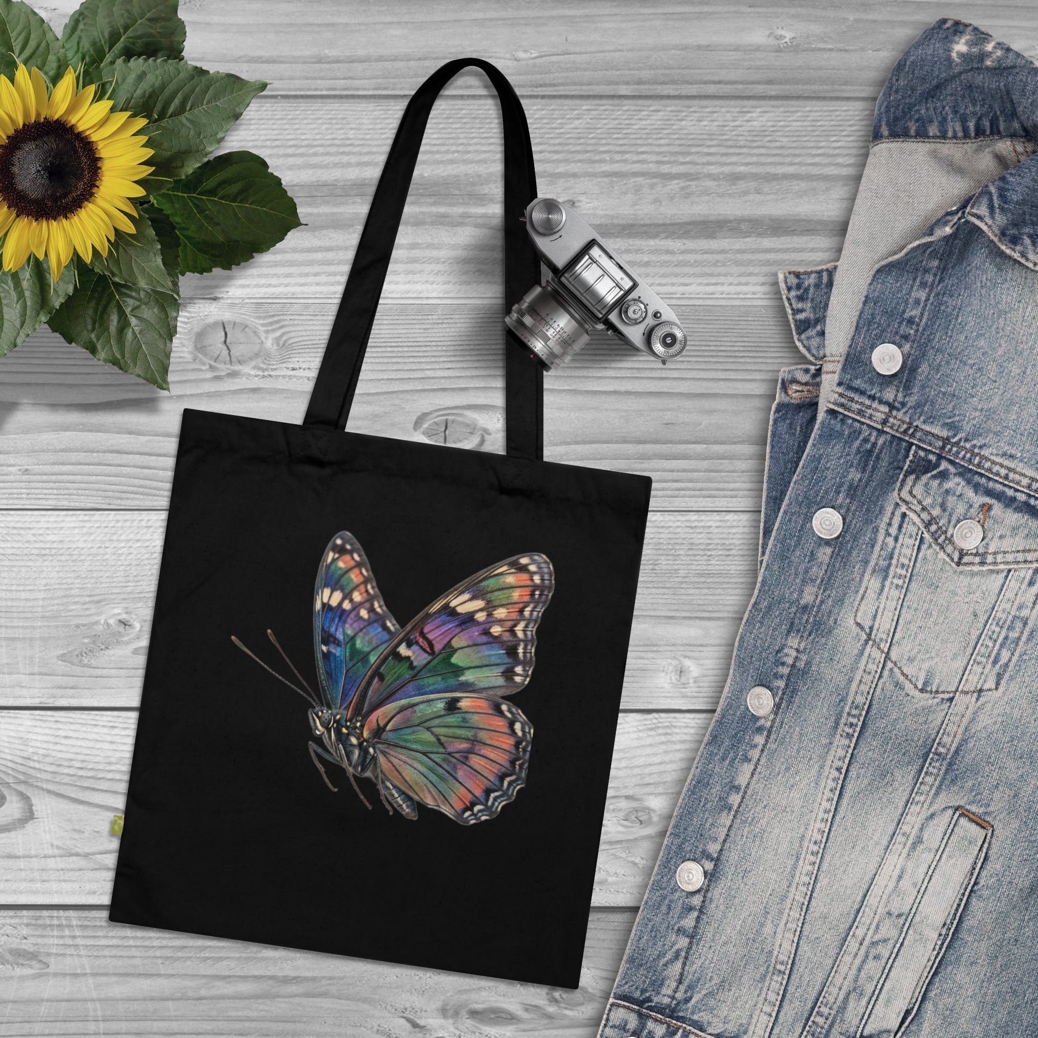 Navy Organic Tote Bag with Watercolor Rainbow Butterfly — Eco-Friendly Market & Gift Tote