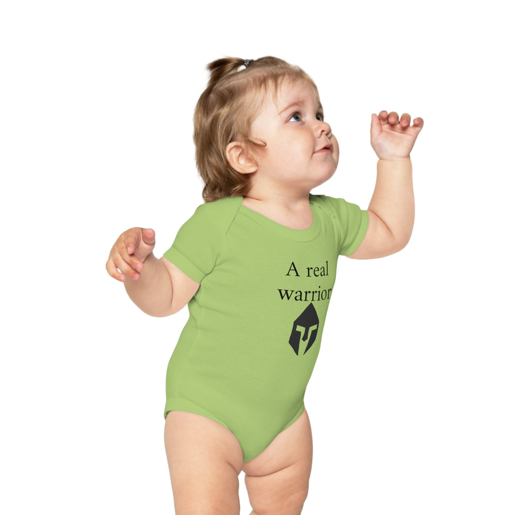 Baby Bodysuit “A Real Warrior” – Infant Onesie with Spartan Helmet Design