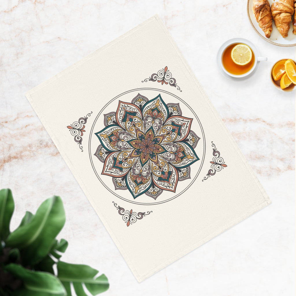 Mandala Cotton Tea Towel – Boho Floral Kitchen Towel, Earth Tone Decorative Dish Towel