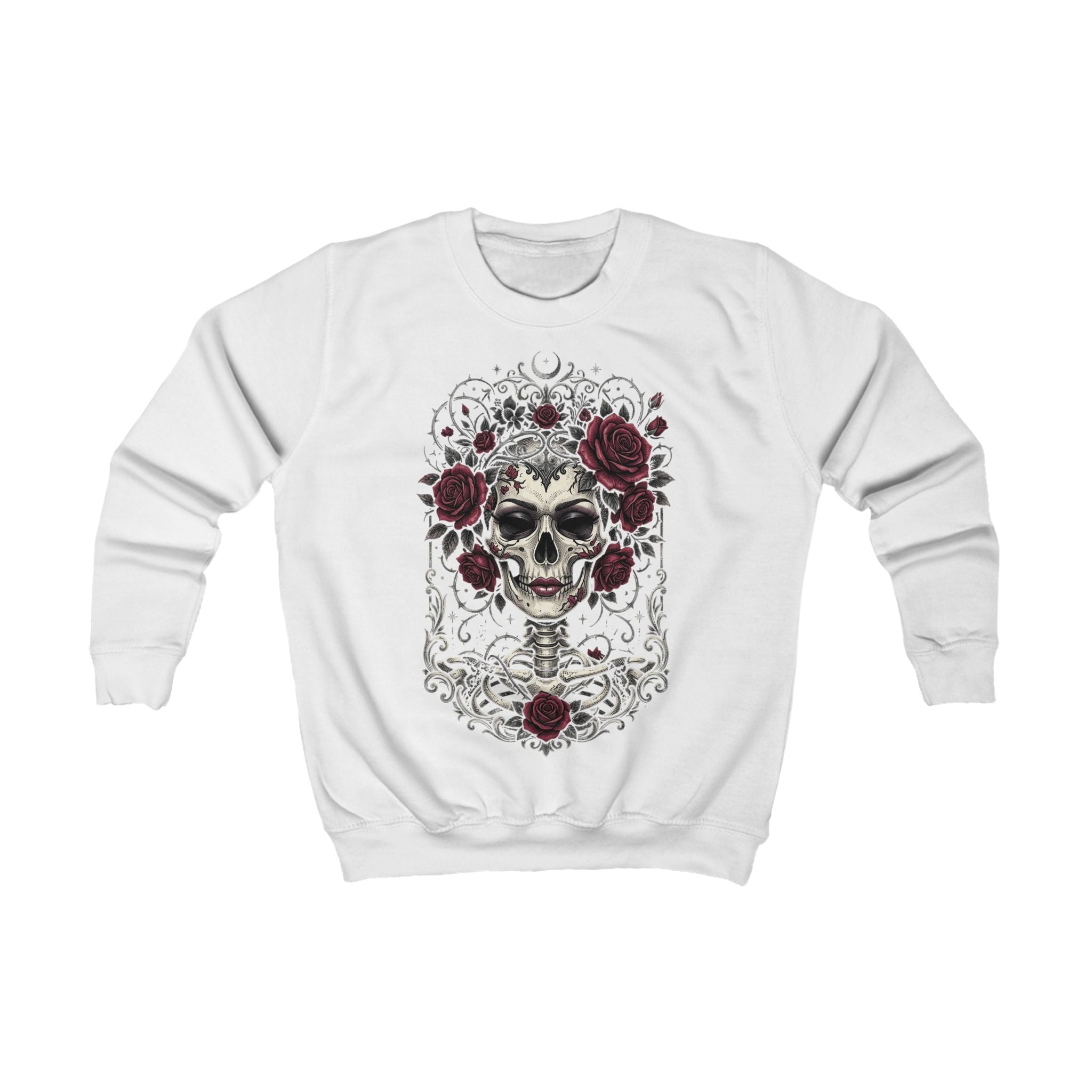 Kids Sweatshirt — Gothic Skull with Red Roses Crewneck (Day of the Dead Inspired)