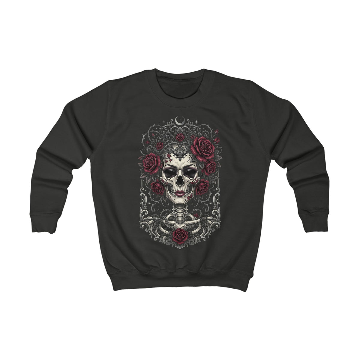 Kids Sweatshirt — Gothic Skull with Red Roses Crewneck (Day of the Dead Inspired)