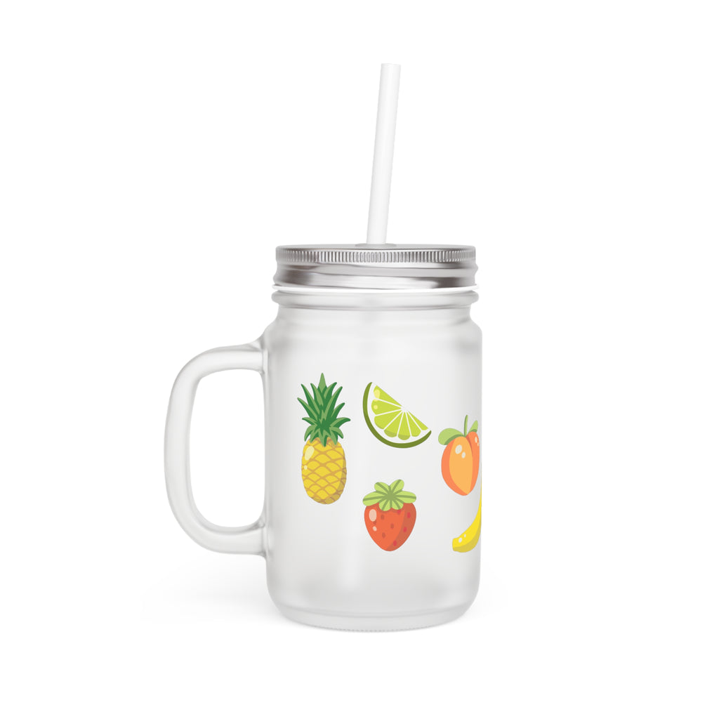 Fruit Pattern Mason Jar Cup with Straw — Summer Picnic Drink Tumbler