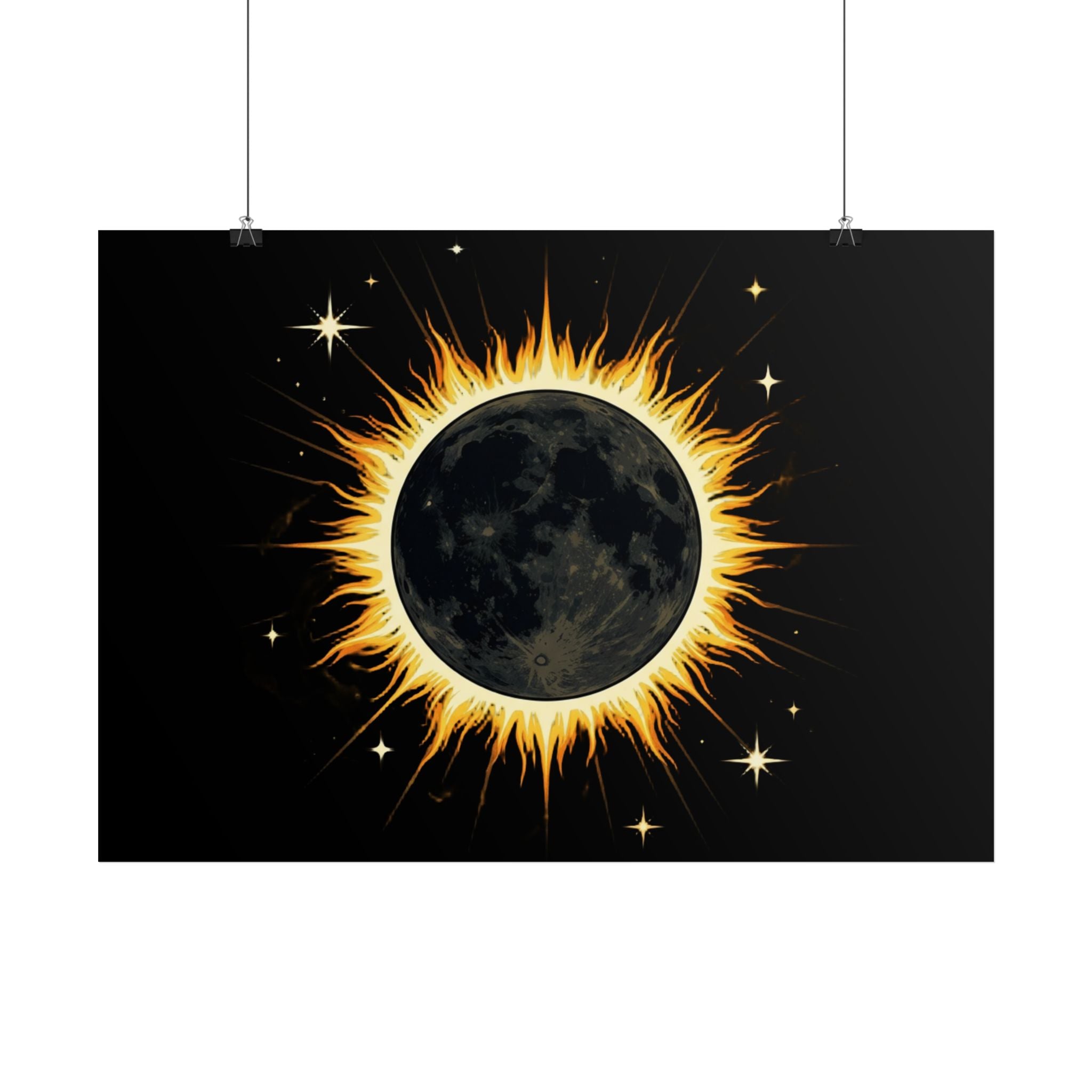 Solar Eclipse Wall Poster — Black Moon with Golden Flame Art Print