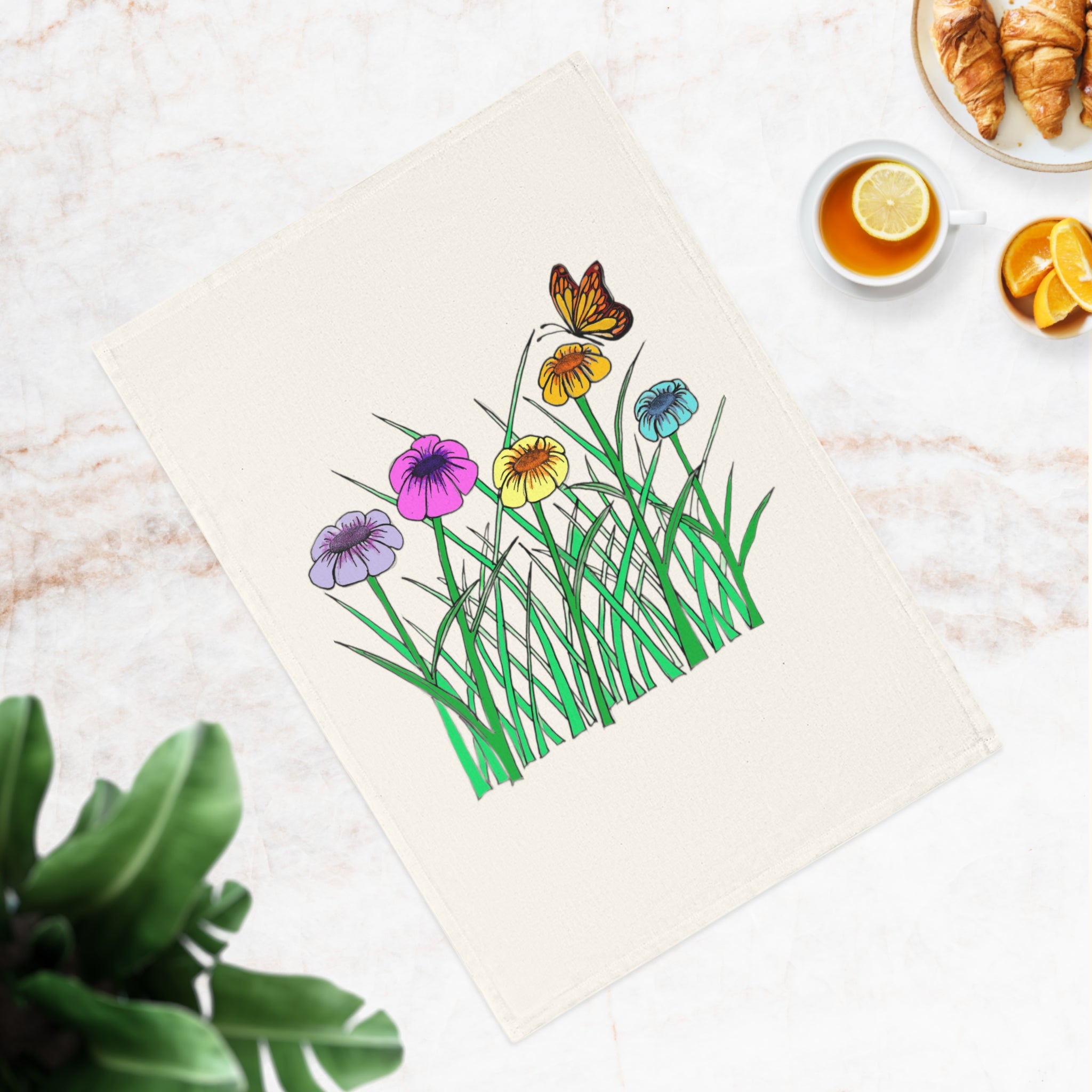 Floral Meadow Cotton Tea Towel — Colorful Wildflowers & Butterfly Kitchen Towel