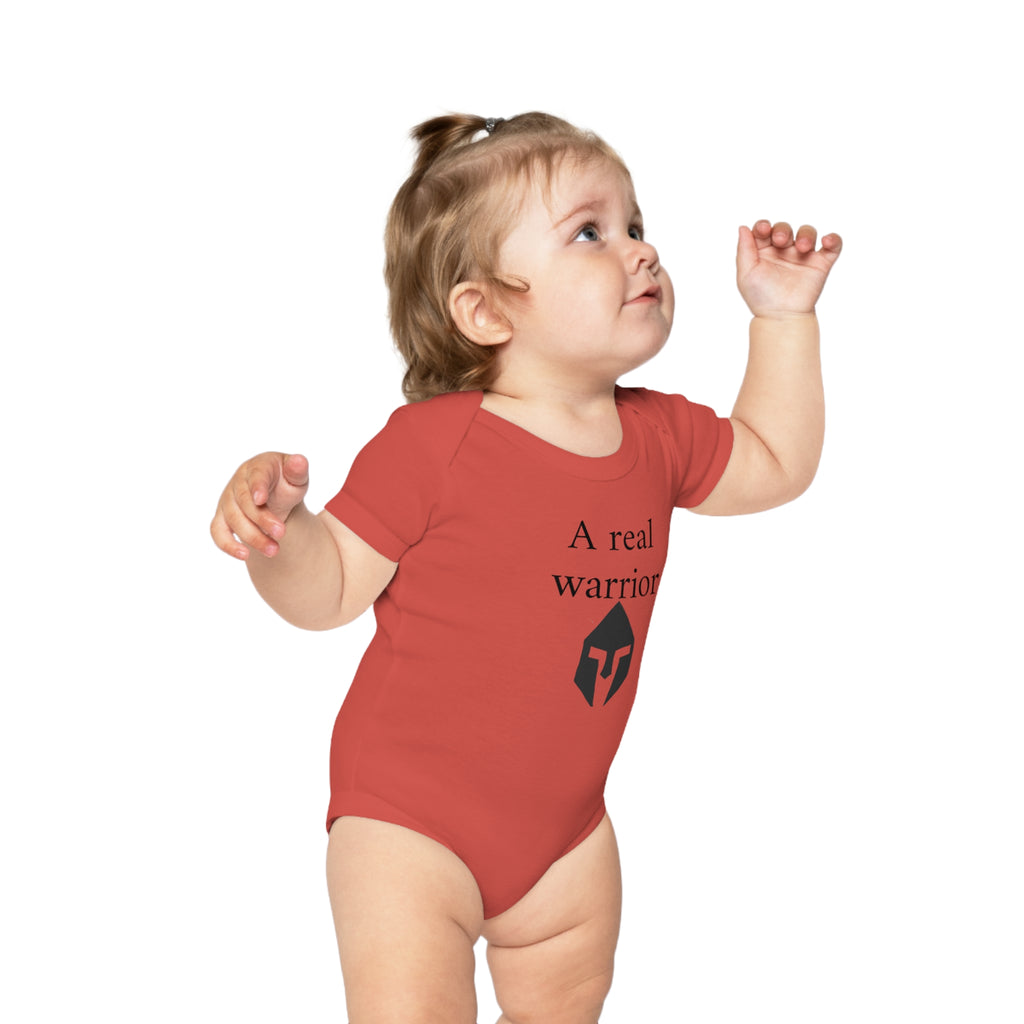 Baby Bodysuit “A Real Warrior” – Infant Onesie with Spartan Helmet Design