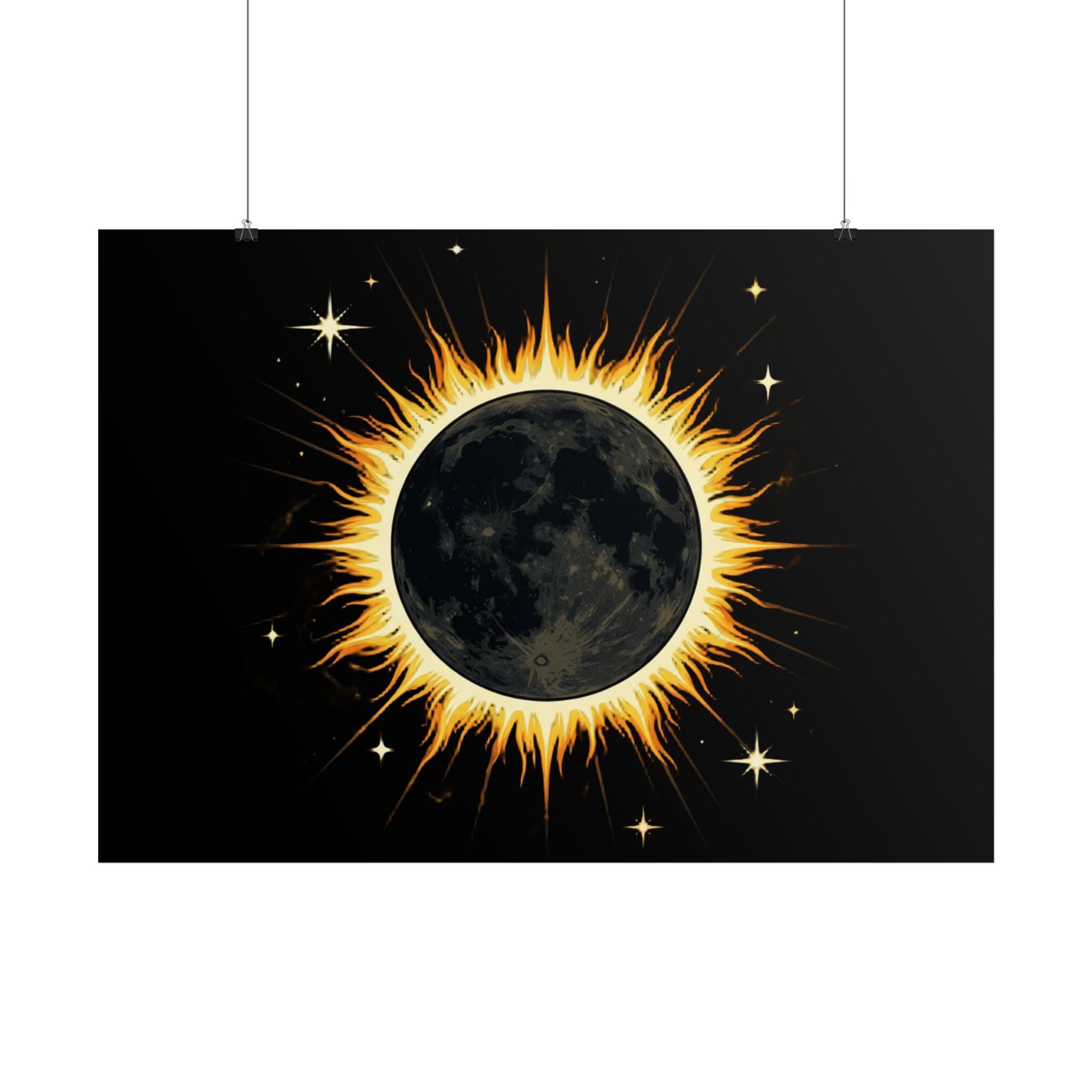 Solar Eclipse Wall Poster — Black Moon with Golden Flame Art Print