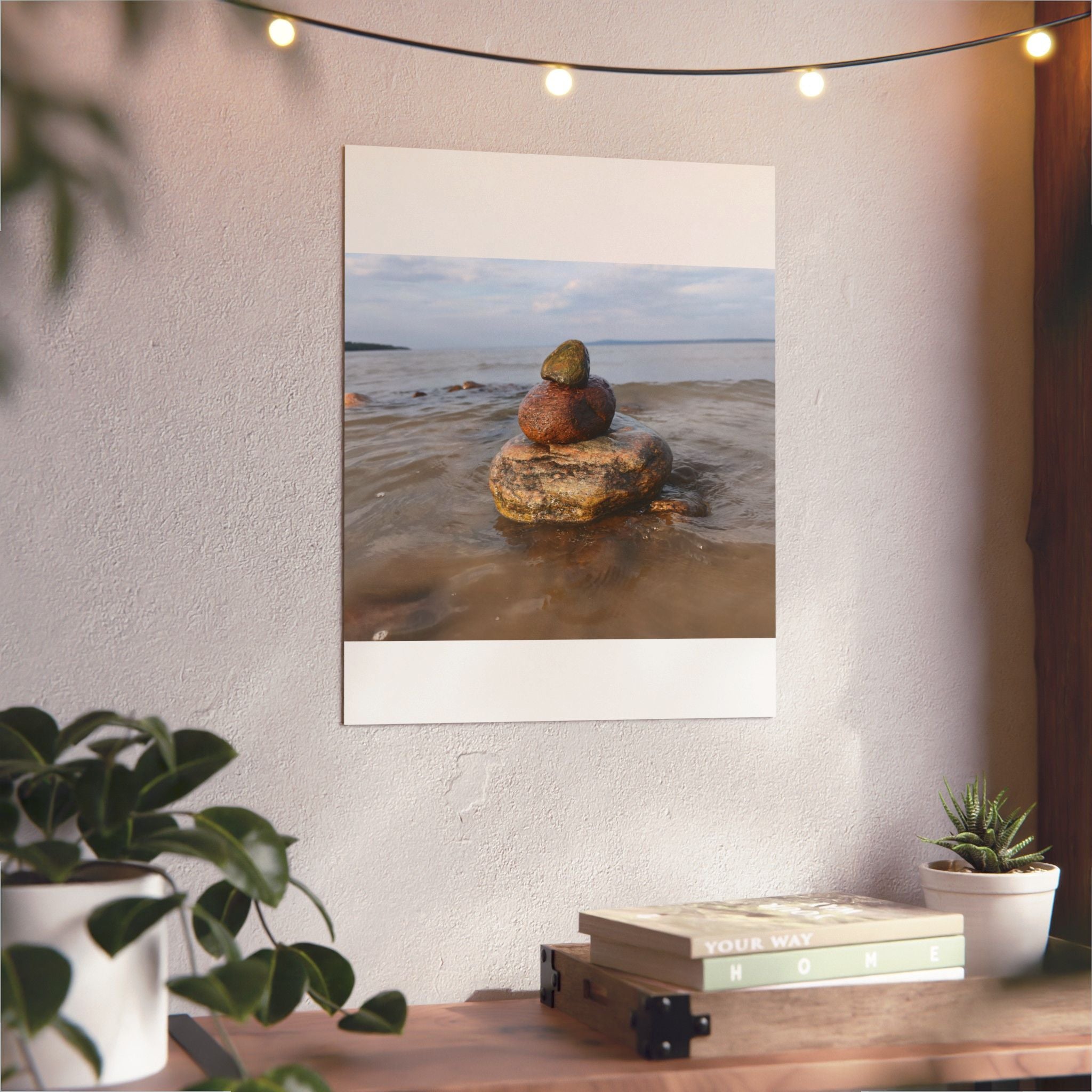 Stacked Beach Rocks Aluminum Panel Wall Art — Serene Coastal Zen Photo Print