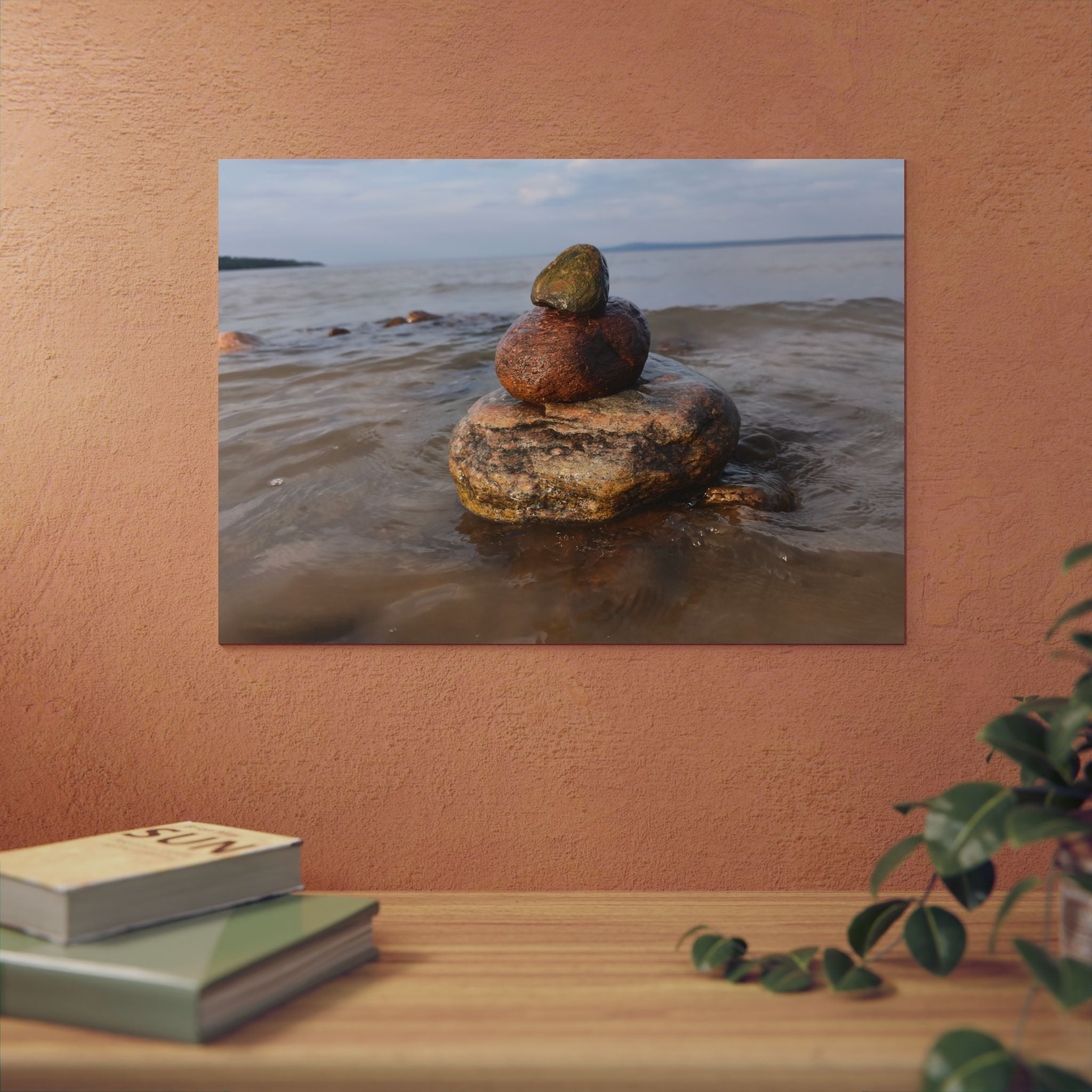 Stacked Beach Rocks Aluminum Panel Wall Art — Serene Coastal Zen Photo Print
