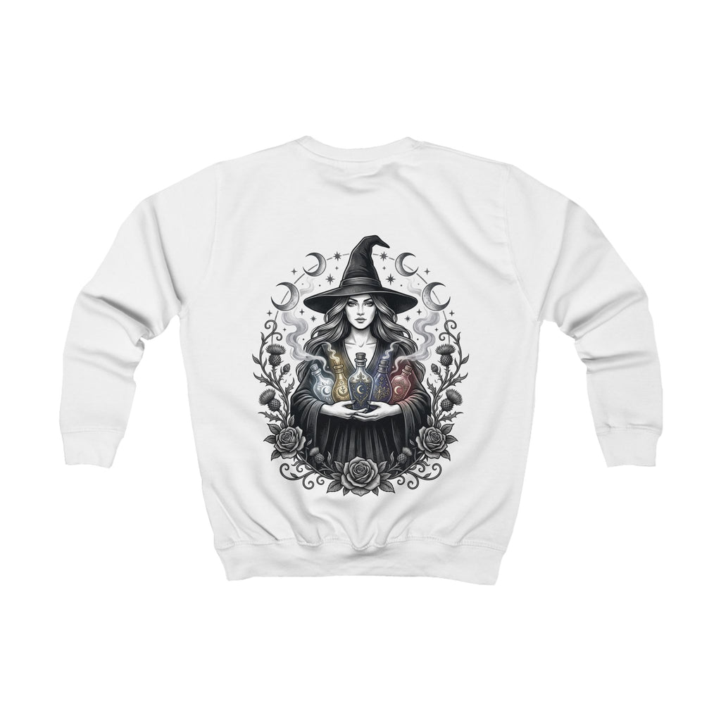 Kids Sweatshirt — Mystical Witch Girl Graphic Pullover (Magic Cauldron Halloween Top)