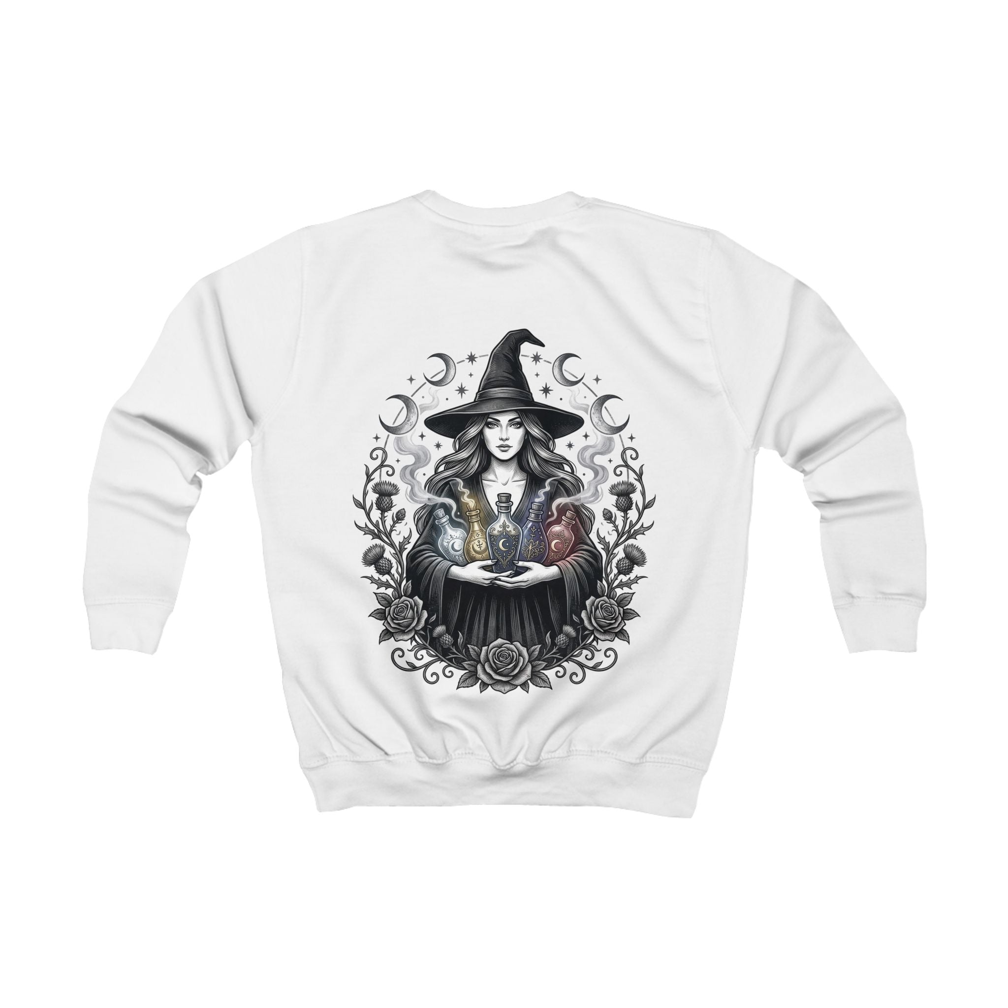 Kids Sweatshirt — Mystical Witch Girl Graphic Pullover (Magic Cauldron Halloween Top)
