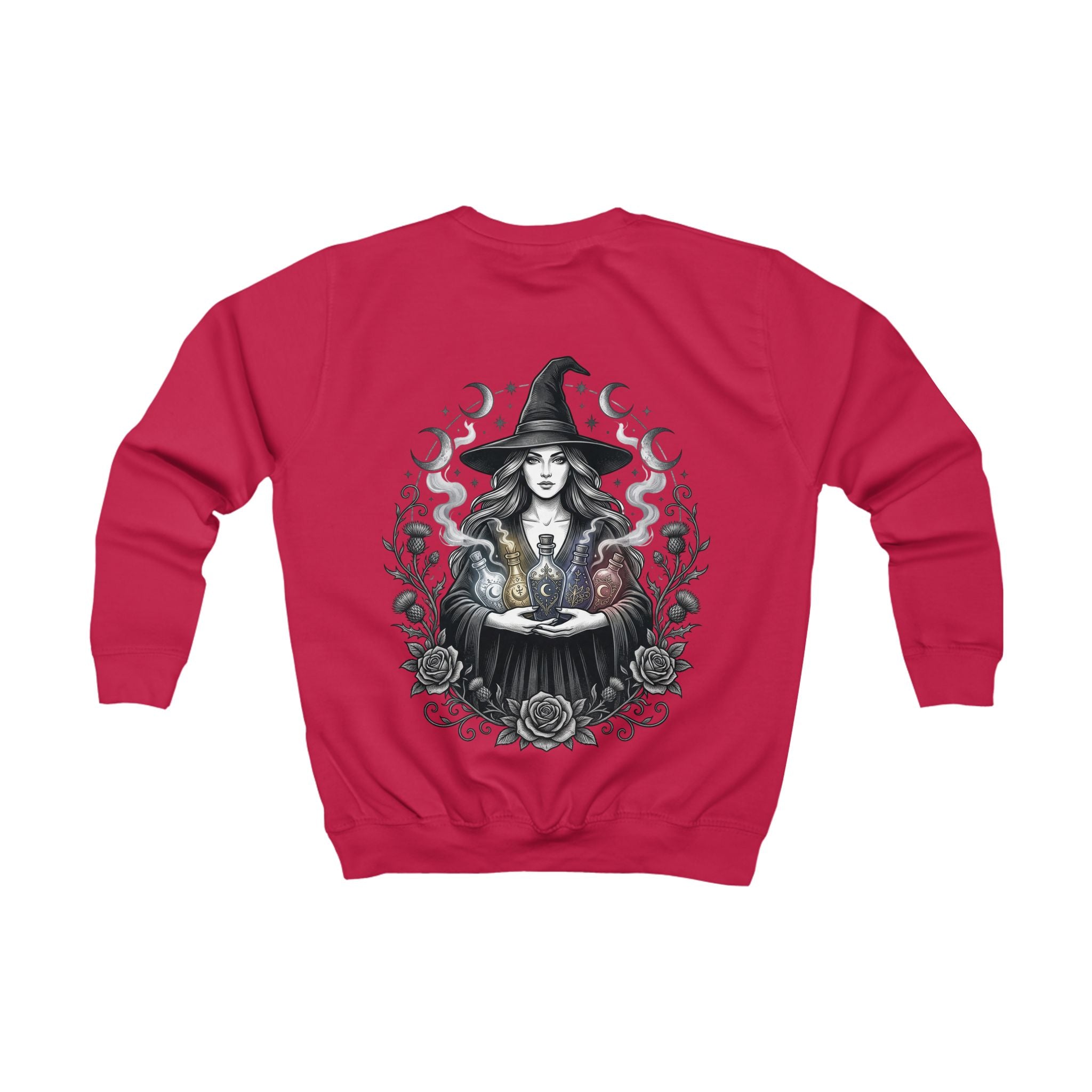Kids Sweatshirt — Mystical Witch Girl Graphic Pullover (Magic Cauldron Halloween Top)