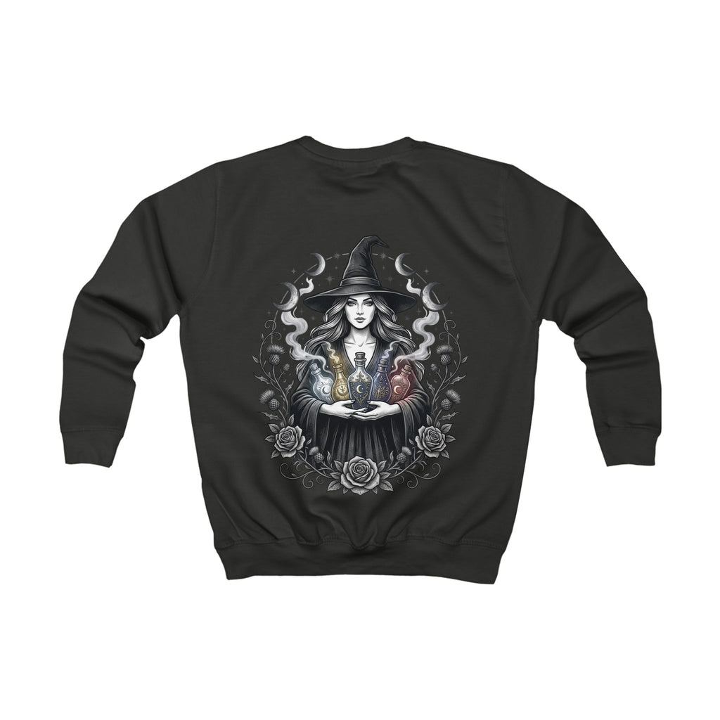 Kids Sweatshirt — Mystical Witch Girl Graphic Pullover (Magic Cauldron Halloween Top)