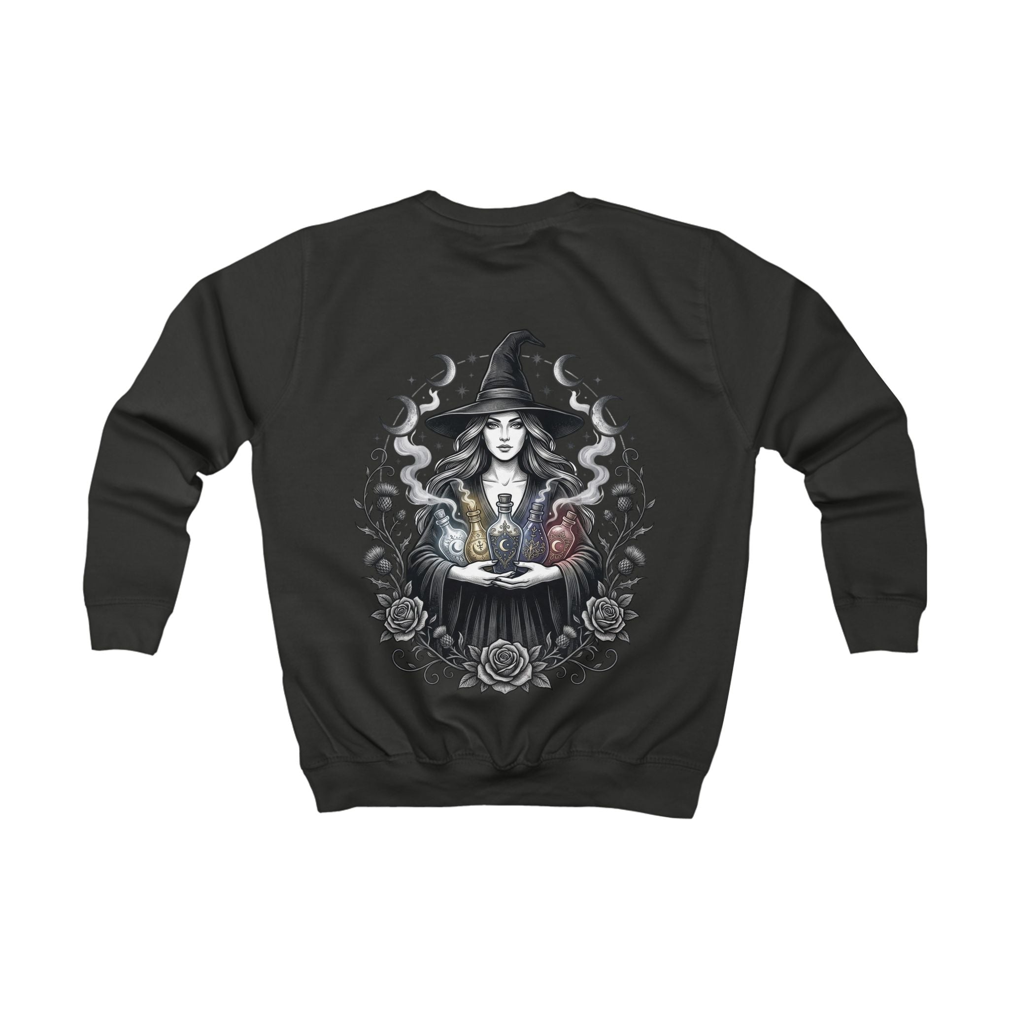 Kids Sweatshirt — Mystical Witch Girl Graphic Pullover (Magic Cauldron Halloween Top)