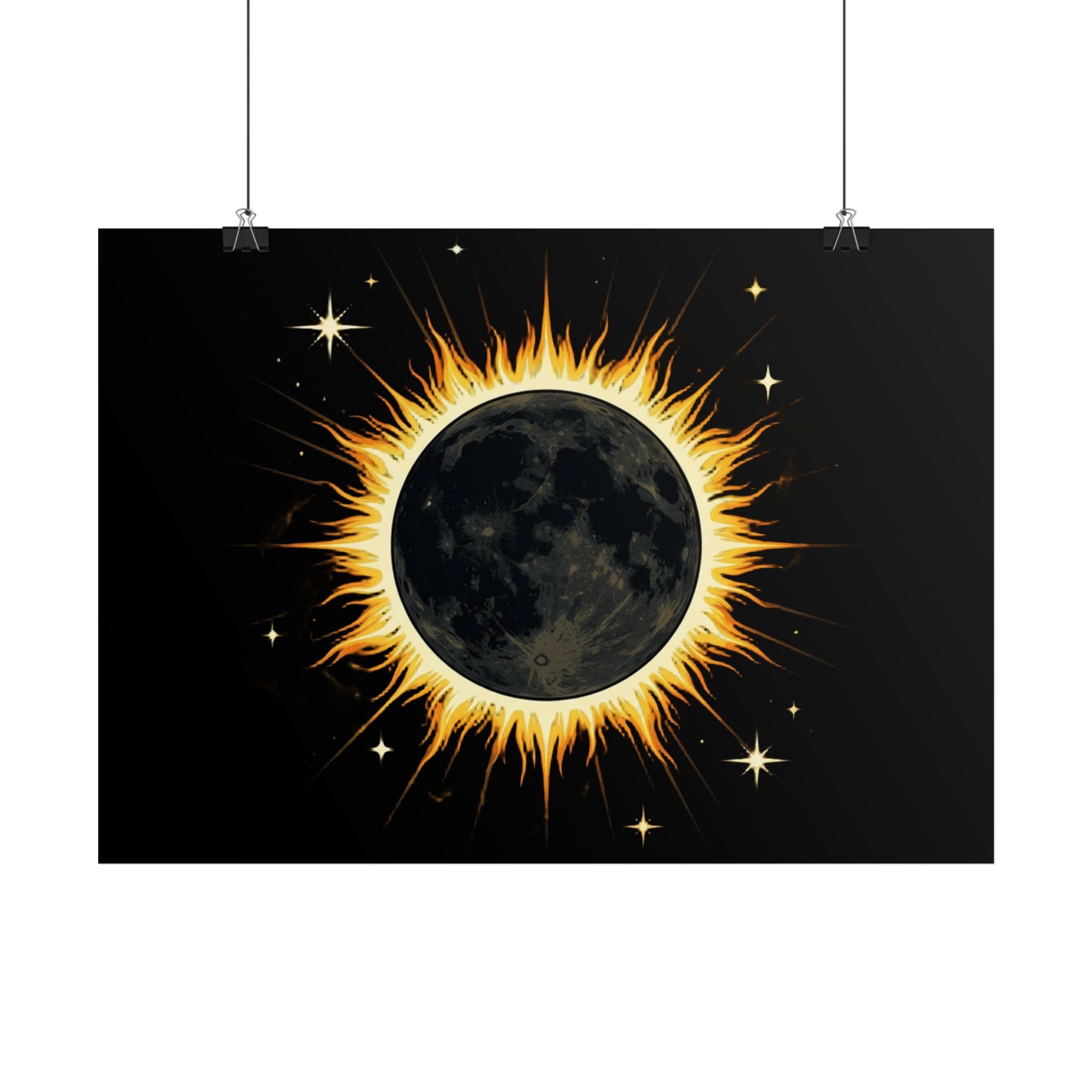 Solar Eclipse Wall Poster — Black Moon with Golden Flame Art Print