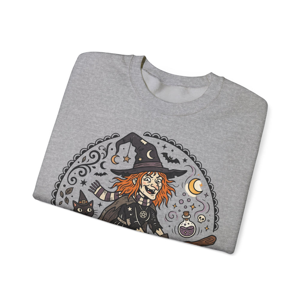 Witch & Black Cat Crewneck Sweatshirt — Halloween Witch Broom Graphic