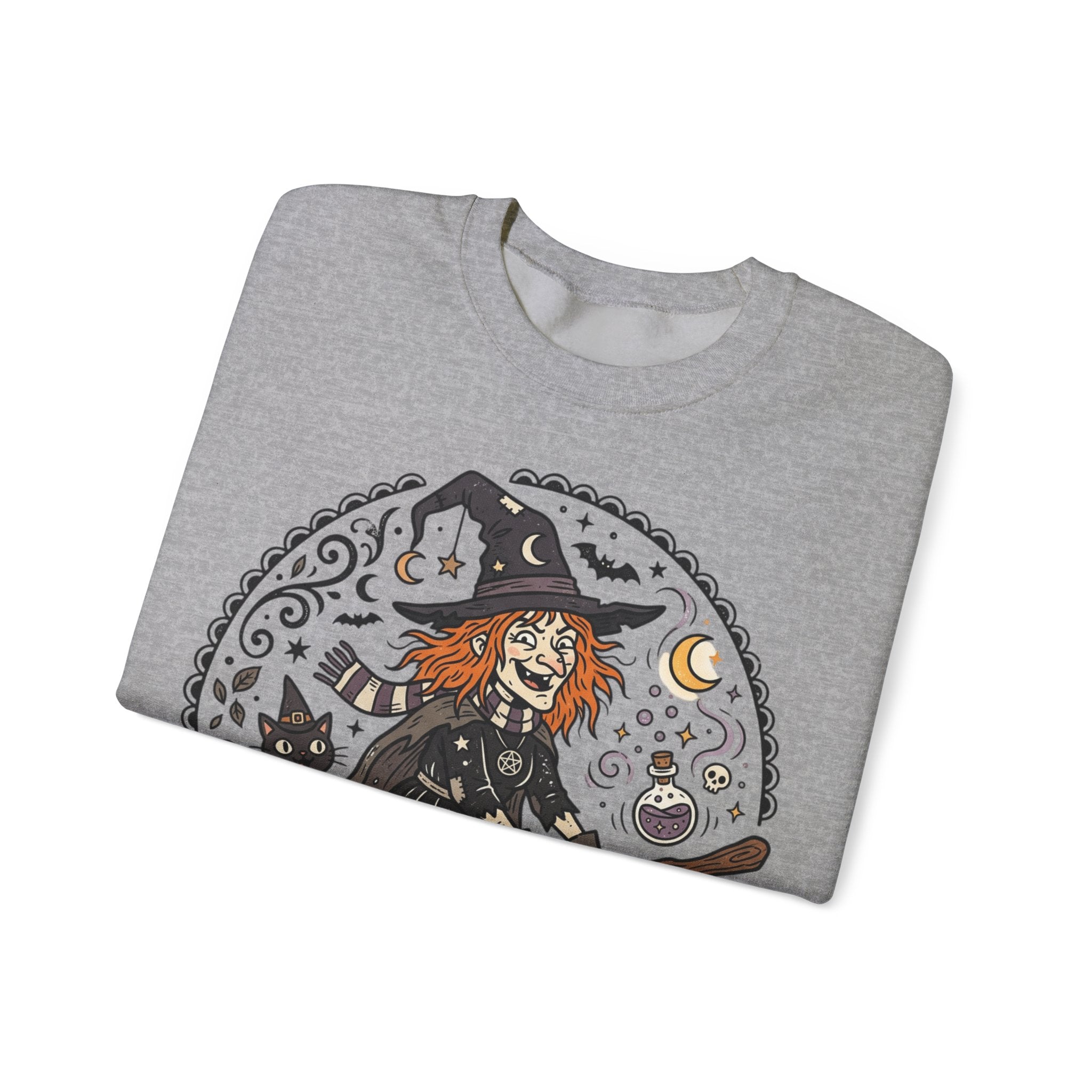Witch & Black Cat Crewneck Sweatshirt — Halloween Witch Broom Graphic
