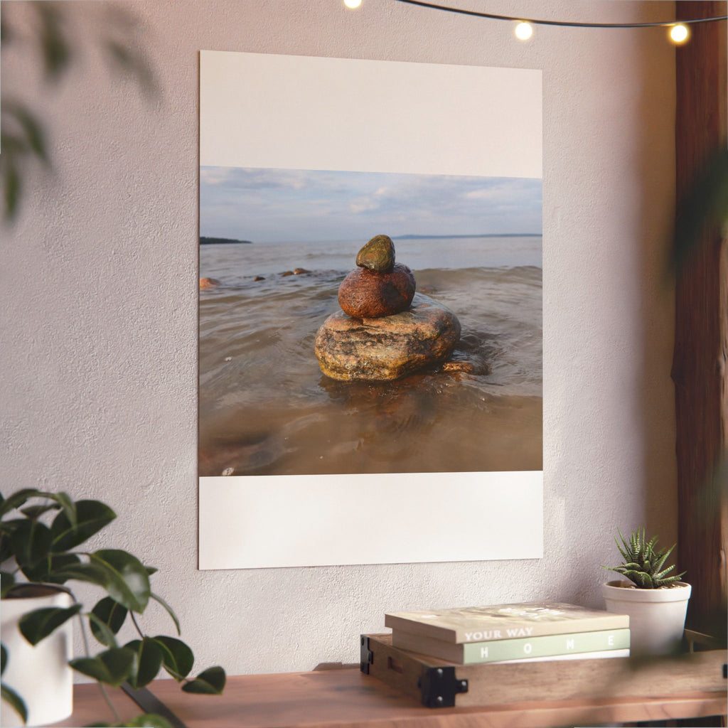 Stacked Beach Rocks Aluminum Panel Wall Art — Serene Coastal Zen Photo Print