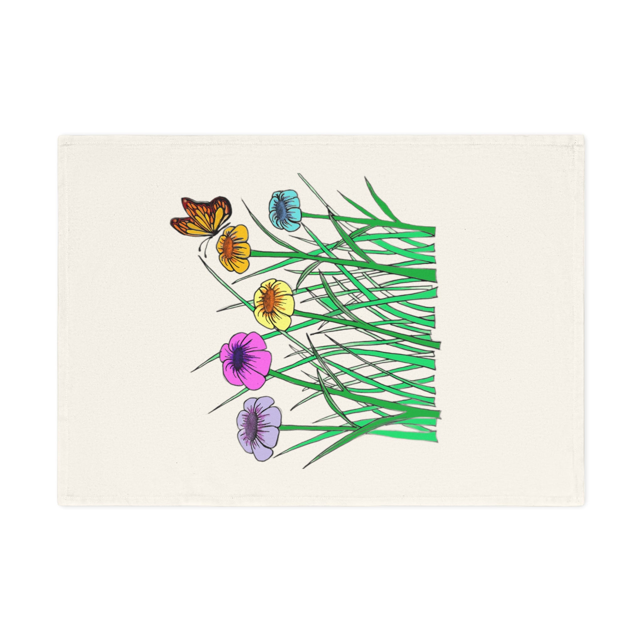 Floral Meadow Cotton Tea Towel — Colorful Wildflowers & Butterfly Kitchen Towel