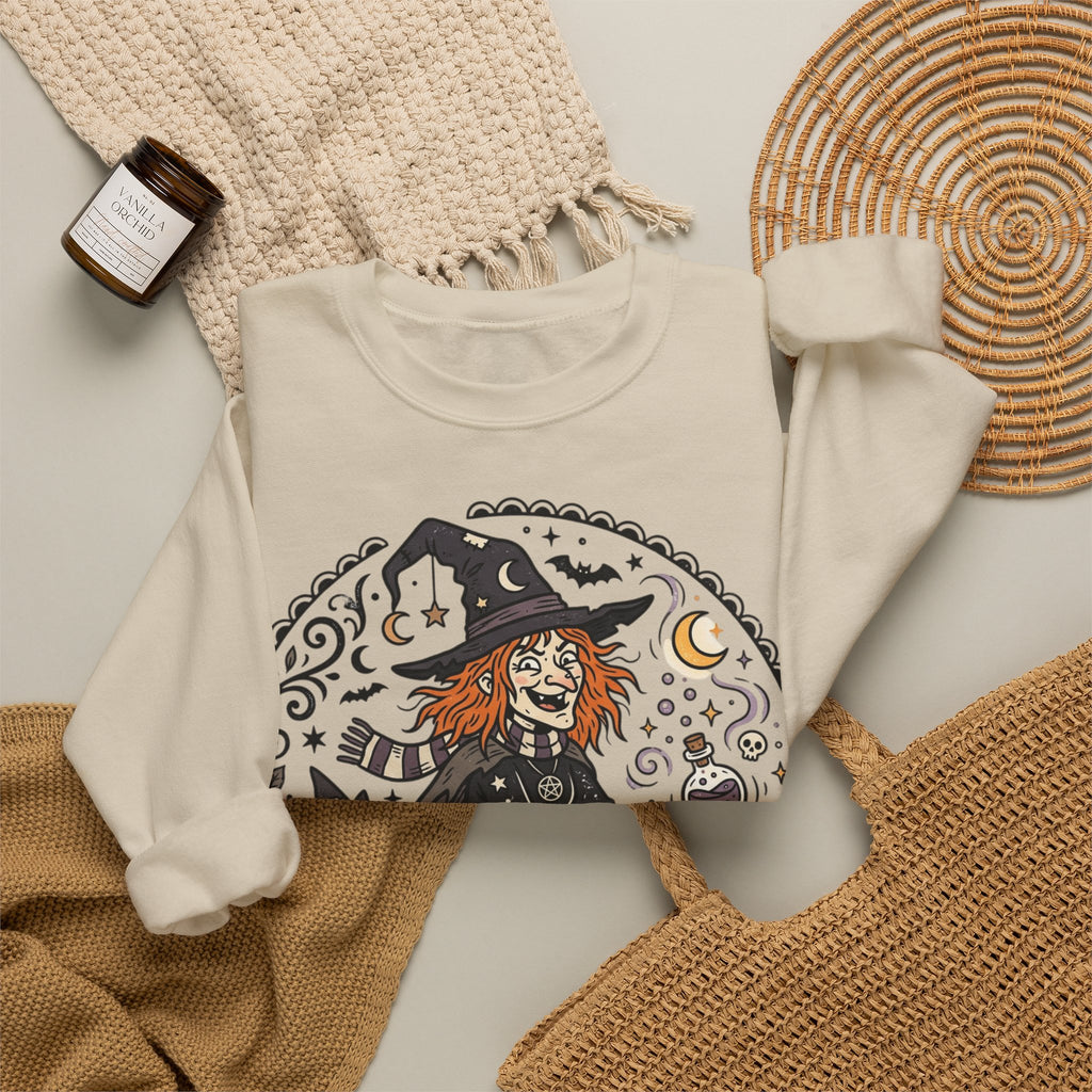 Witch & Black Cat Crewneck Sweatshirt — Halloween Witch Broom Graphic