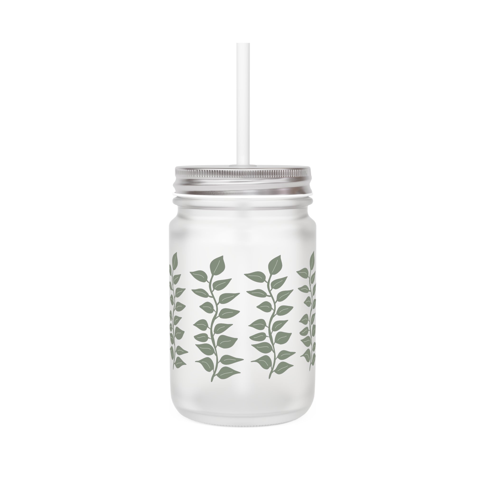 Frosted Mason Jar Tumbler with Green Leaf Vines – Insulated Straw Mug