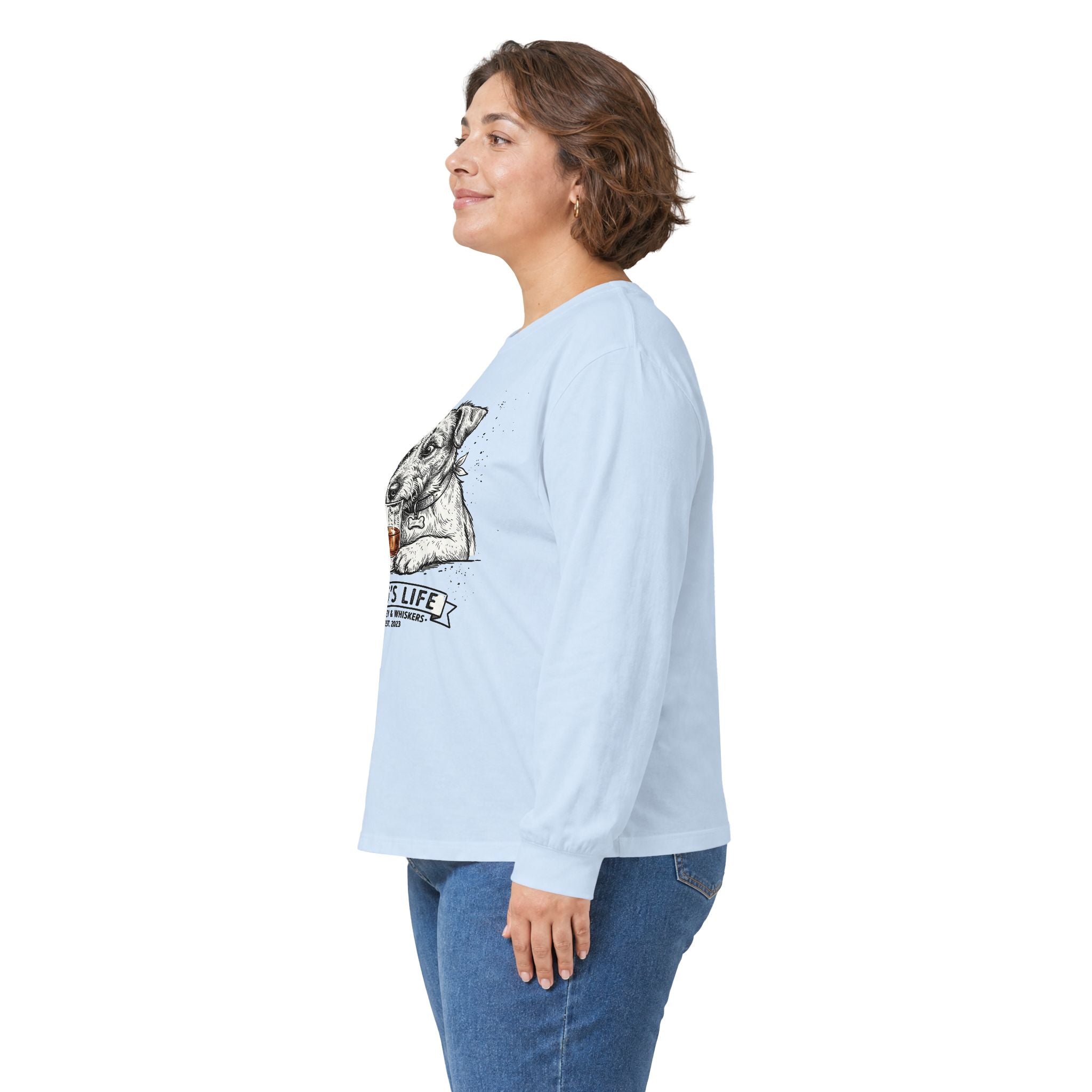 Long Sleeve Tee — "Dog's Life" Jack Russell & Whiskey Graphic